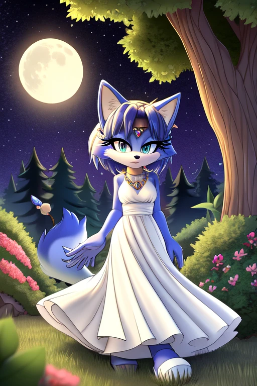 Krystal The Fox, Blue Fox, Beautiful, Jewelry, White Dress, Long Dress, Night, Stars, Looking at Viewer, walking, 2D illustration. A Background of a Roman pillars of a garden and flowery and colorful background arches with colorful gardens and trees. romanticism, moody, stars, moon, trellis, lattice, garden, Close up