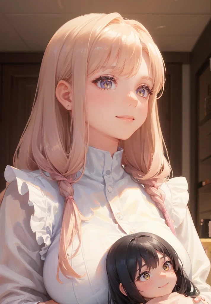 (2girls:1.5), (height_difference:1.6), (size_difference:1.1), (giantess:1.1), a giantess looking down at tiny woman, a giantess hugging a tiny woman, (hugging:1.2), (looking up at her), a tiny woman below the breasts of a giantess, pink twintail girls bedroom, (she is much bigger than her), (she is much taller), adult woman, (adult woman: 1.2), (mature older girl: 1.2), looking at another, they are looking at another
