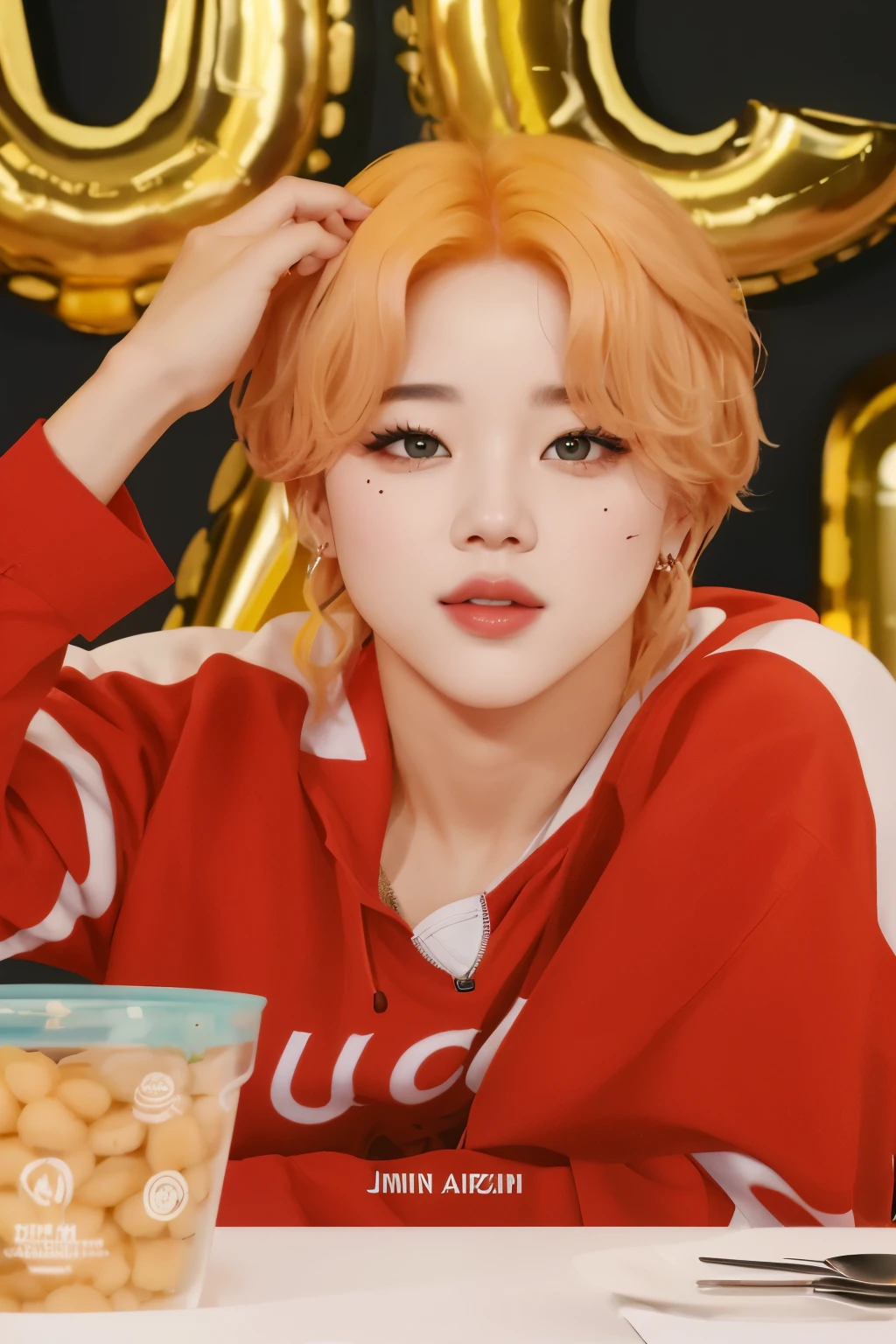 un primer plano de una persona sentada en una mesa con un plato de comida, Jimin\labios regordetes, Jimin\Nariz griega de, accurate Jimin face, park Jimin, Jimin\swollen right eyelid, Todos del grupo, adorable cara coreana, Park Jimin, cabello suave.