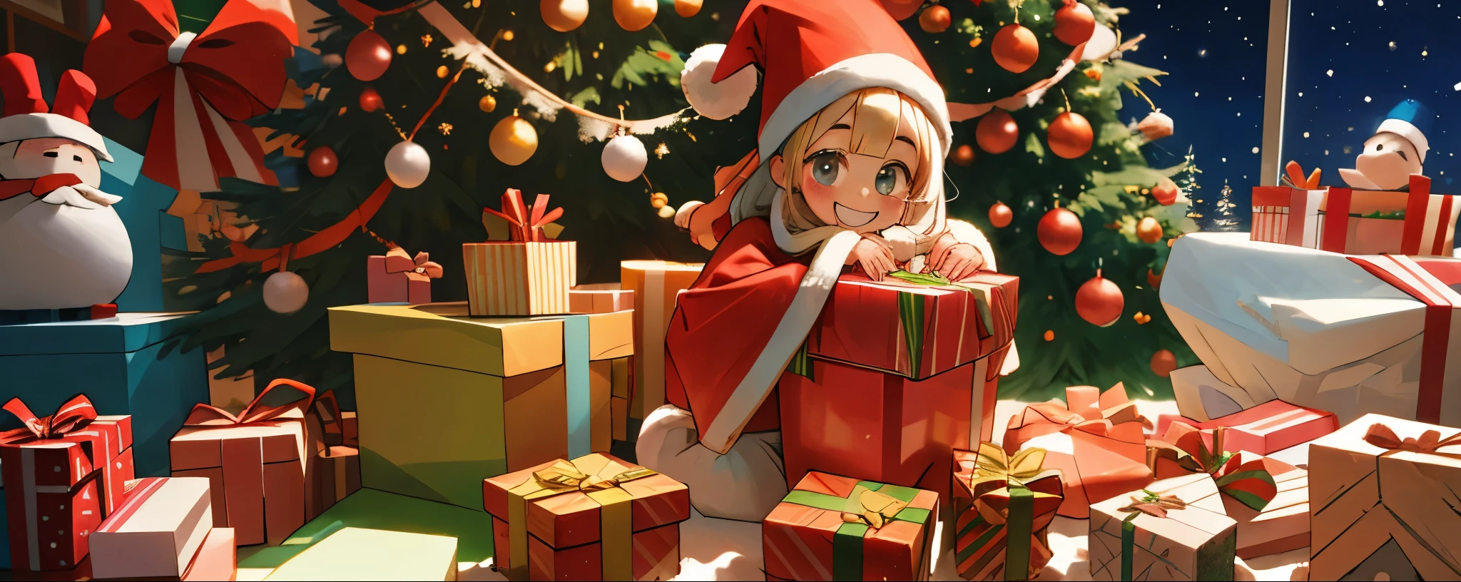Kawaii Girl、A smile、Christmas、Cute Santa Costumes、surrounded by many presents、next to the big Christmas tree、many decorations on the christmas tree、inside in room