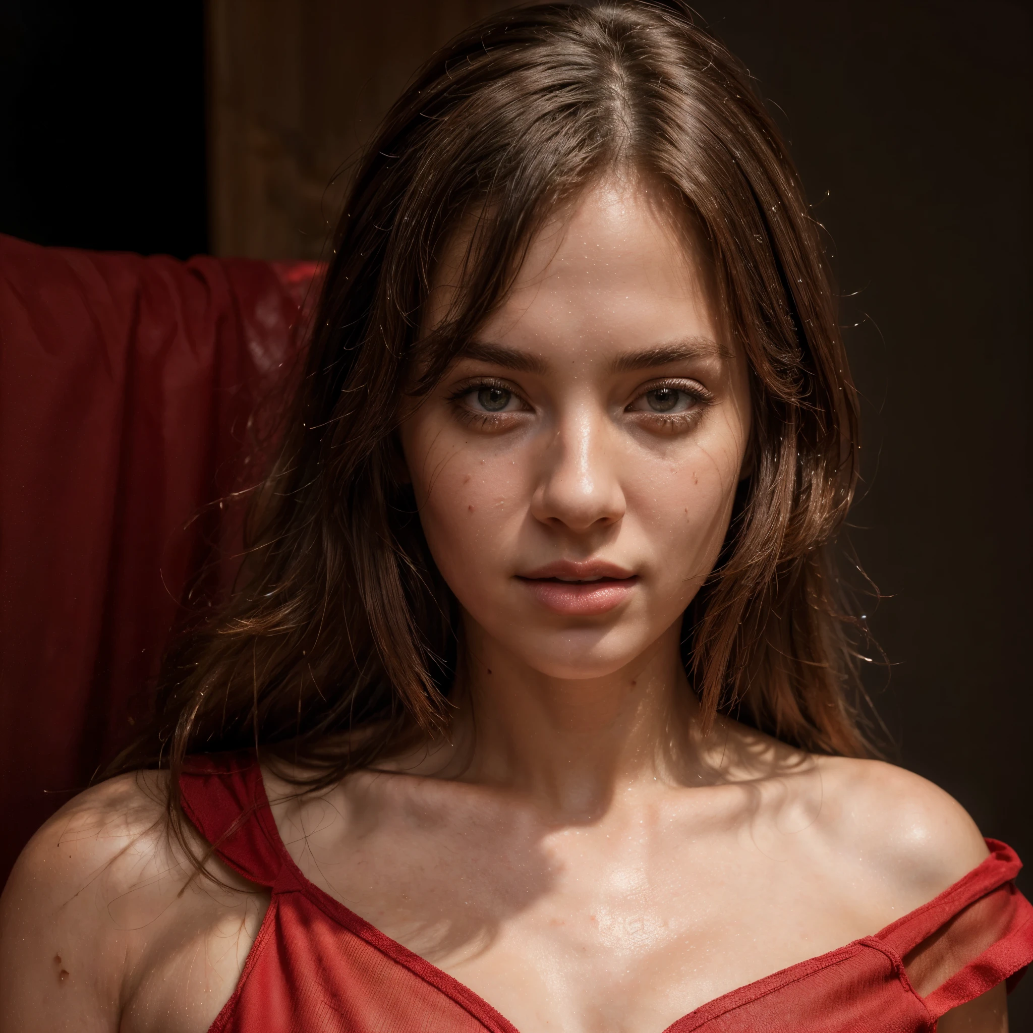 (best quality,8k,masterpiece:1.2), ultra-detailed, (realistic,photorealistic,photo-realistic:1.37), half-length portrait, studio solid background, beautiful passionate female model wearing red dress, blemishes on her face, unfiltered, raw quality