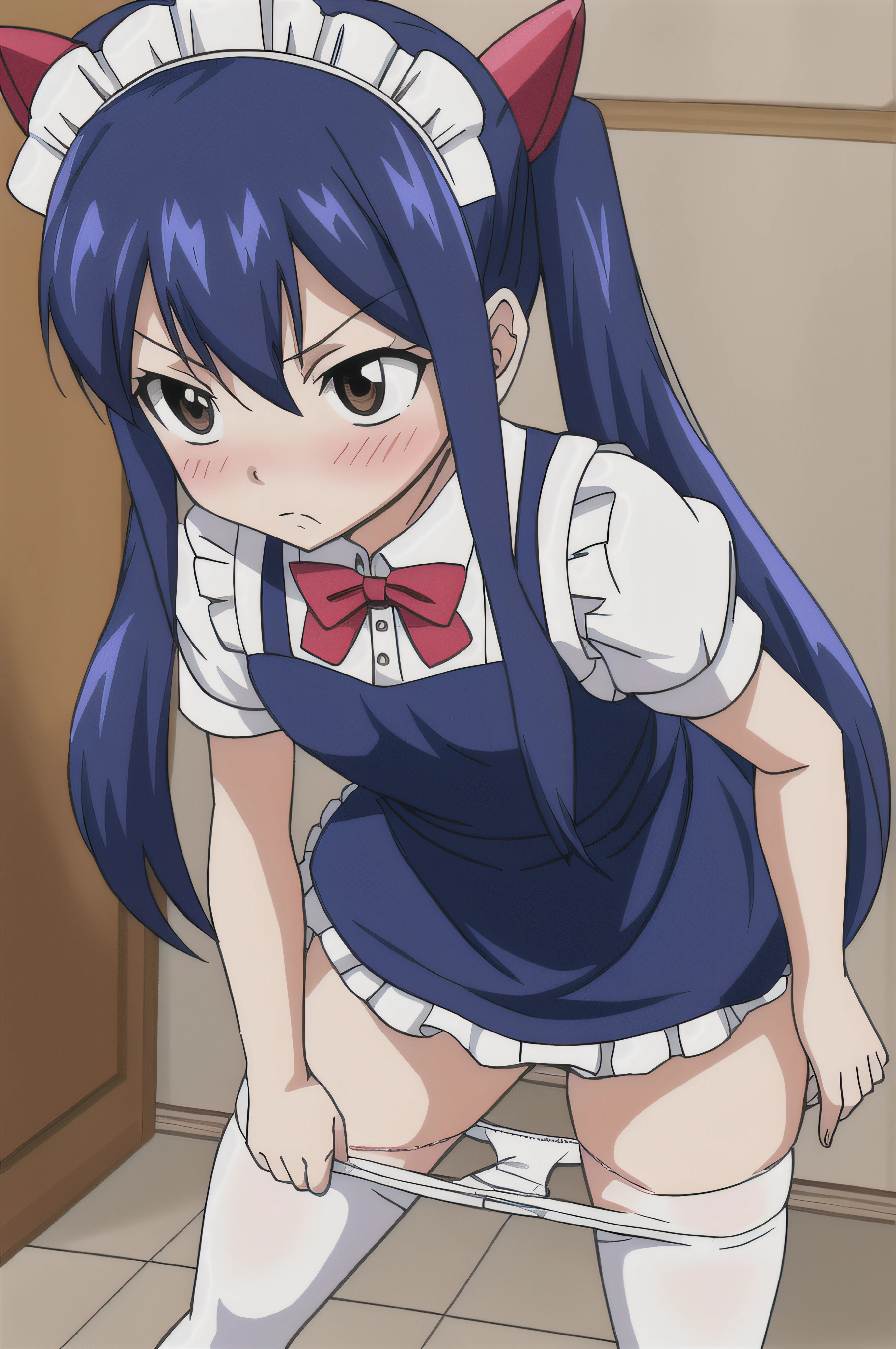 (((wendy))), fairy tail, anime art style, 1girl, solo, small_breasts, dressed, long_hair, (((looking away))), shy, (taking off panties, panties at knees, panty pull, face closeup), embarrassed, maid outfit, hair_ornament, blushing, hair_between_eyes, twintails, brown_eyes, ((dark_blue_hair)), parody, style_parody, anime_coloring, short female, petite female, thick thighs, ****, maid headwear, thick thighs, thigh highs, bowtie on panties, bending over,  facing viewer, standing, (pov)