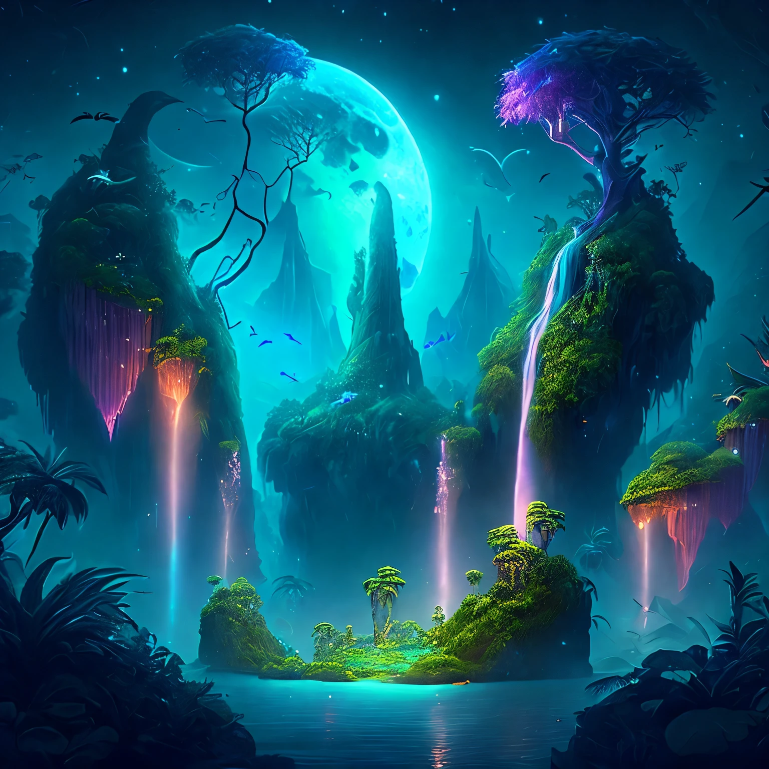 An enchanting fantasy jungle under a moonlit sky, massive floating islands covered in lush vegetation, cascading waterfalls, and illuminated creatures soaring through the night, Digital artwork