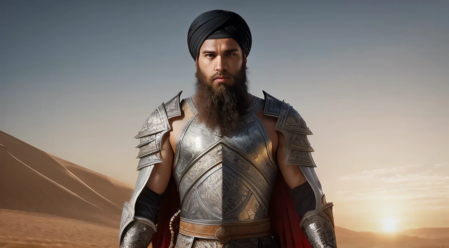 1 figure, intense eyes, standing, traditional Islamic armor, majestic, beard, turban, cloak, holding a sword, ethereal aura, ancient desert landscape, sunrise, mystical patterns in the sky, reflective armor, from the front, looking at viewer, strong posture, muscular build, adorned with symbolic jewelry, armor detailed with intricate Islamic art, spiritual glow, realistic style, (masterpiece:1.4), (best quality:1.4).