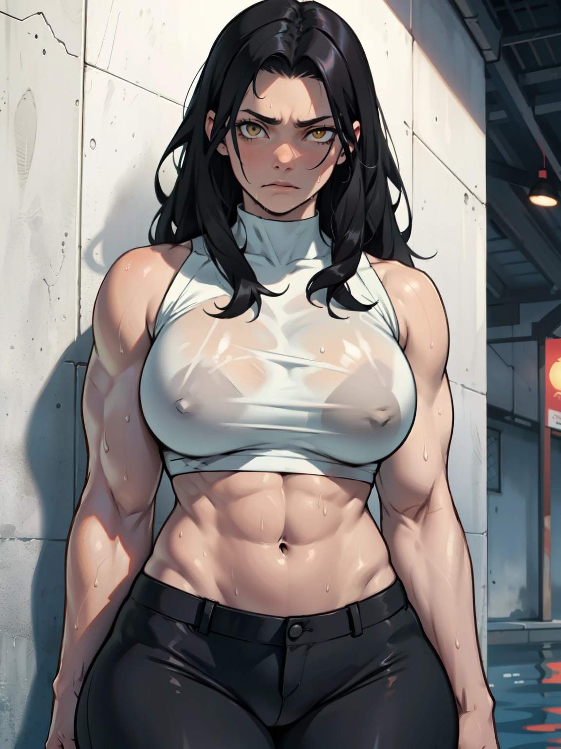 muscular girl thin waist large breasts thick pale skin black hair yellow eyes muscular girl thin waist huge breasts thick muscular girl thin waist thick sad expressionless sweaty wet hair