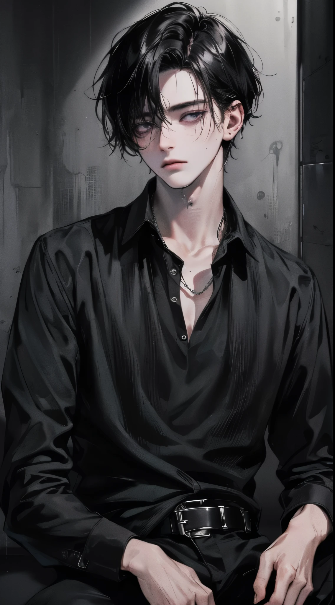 (best quality,4k,8k,highres,masterpiece:1.2),ultra-detailed,(realistic,photorealistic,photo-realistic:1.37), depressed anime male, pure black hair, deep purple eyes, wearing a black shirt, dead eyes, emotionless, dark shadows, rain pouring in the background, wet streets, lonely atmosphere, urban setting, reflections on the pavement, desaturated colors, faint neon lights, gloomy ambiance, handsome