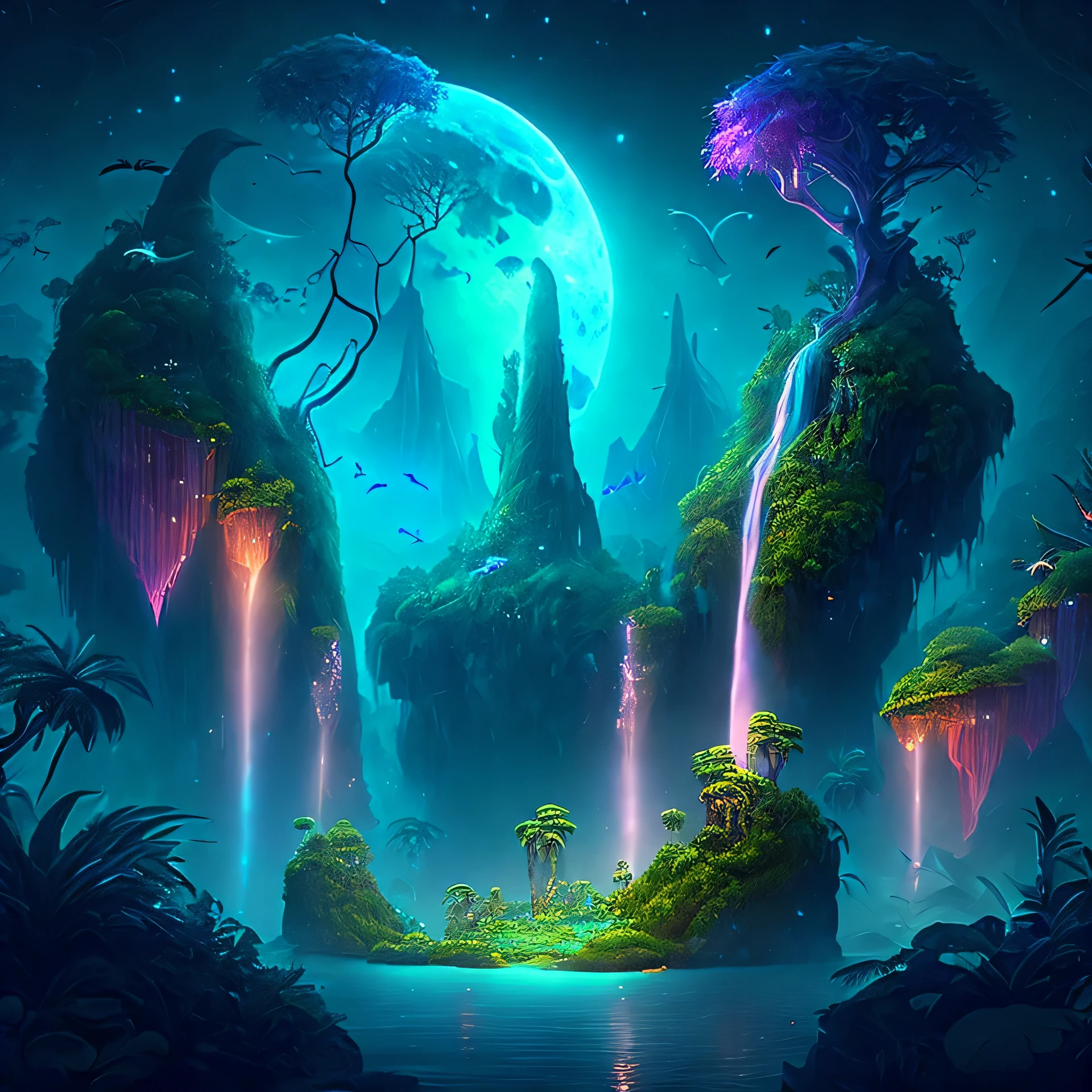 Ein bezaubernder Fantasy-Dschungel unter einem mondbeschienenen Himmel, huge floating islands with lush vegetation, Cascading waterfalls, und erleuchtete Kreaturen, die durch die Nacht schweben, Digitales Kunstwerk