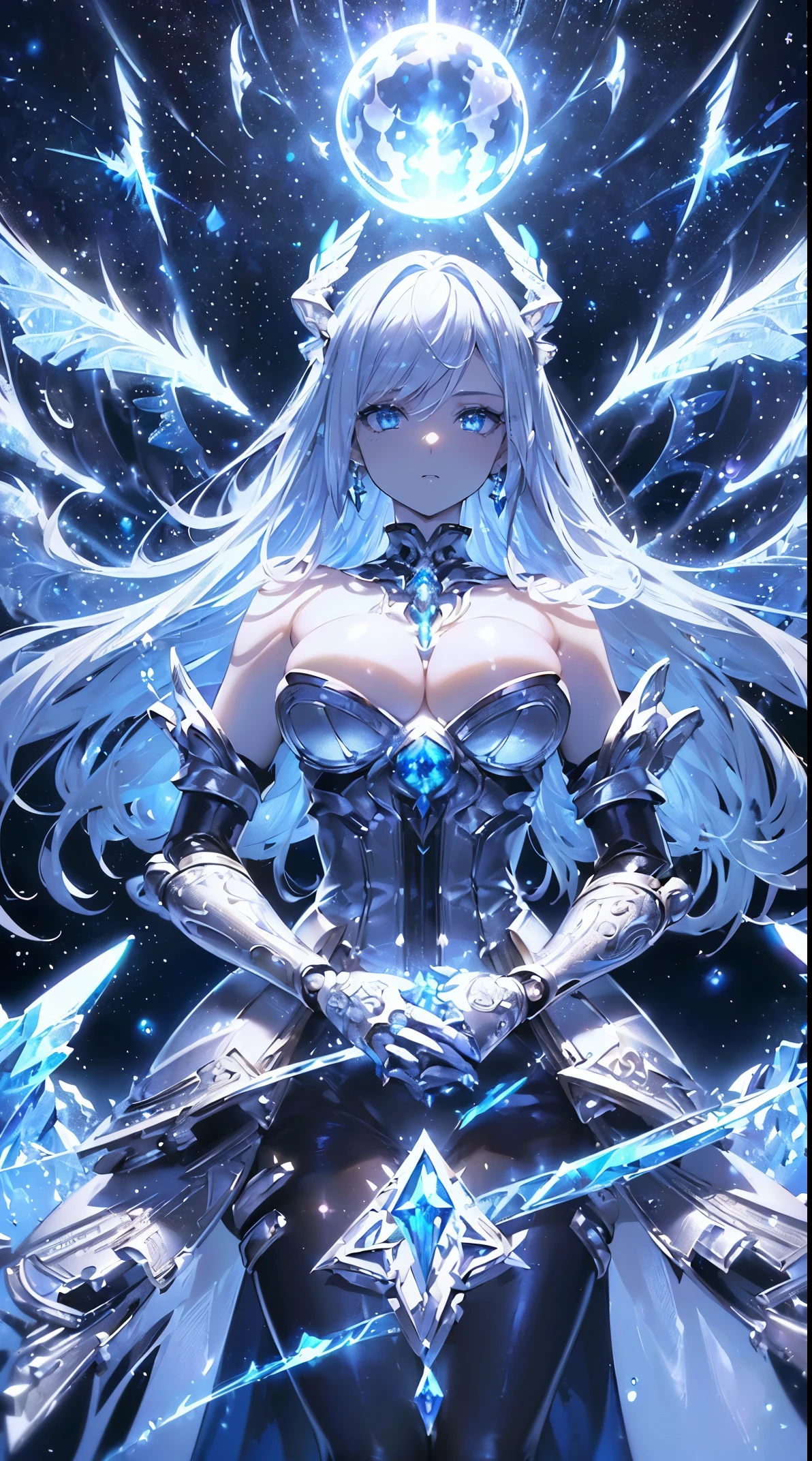 (((masterpiece))), (((highest quality))), ((ultra-detailed)), ((super fine illustration)), ((ultra-fine painting)), (Highly detailed and cool illustration style:1.8), detailed skin texture, detailed metal texture, detailed cloth texture, extreme detailed description, (T-masterpiece), original, raw photo, professional, Intricate details, super details, intricate ornament details, (american shot:1.6), real, (Solo:1.5), (A very beautiful and intelligent mechanized angel woman who is the head court mage) BRAKE (Beautifully shaped small breasts), (Beautifully shaped small buttocks), (Very detailed and delicate beautiful shiny silver hair that shines in rainbow colors, colorful hair:1.2), (highly detailed silver hair:1.2), (Beautiful clear blue eyes that shine with great detail and delicate:1.2), (highly detailed blue clear eyes:1.2), (highly detailed face:1.2), (Perfect, very detailed and beautiful hands:1.2), (Perfect, very detailed and beautiful fingers:1.2), (Perfect, highly detailed and beautiful fingertips:1.2), (perfect anatomy:1.2) BRAKE ((sophisticated mechanism:1.4))Smooth and menacing design, (Highly detailed large pearl white symmetrical mechanical wings:1.4)Smooth and menacing design, (highly detailed largepearl white symmetrical wings:1.2), (A highly detailed and stylish ice and thunder magic divine mechanical armor dress that shines in sapphire blue and pearl white exclusively for the head court mage:1.3), (Symmetrical Wings:1.8) BRAKE concept-art, Detailed science magic fantasy art, (Battle Pose), (Highly detailed and cool Attack Magic Casting Pose) BRAKE (Highly detailed and stylish magic circle:1.4), (Highly detailed and stylish Crystal of snow and lightning background:1.3), No robot, (Geometric patterns:1.2), (8K highest quality wallpaper:1.4), (Highly detailed and delicate starry sky background:1.4) BRAKE sexy BRAKE