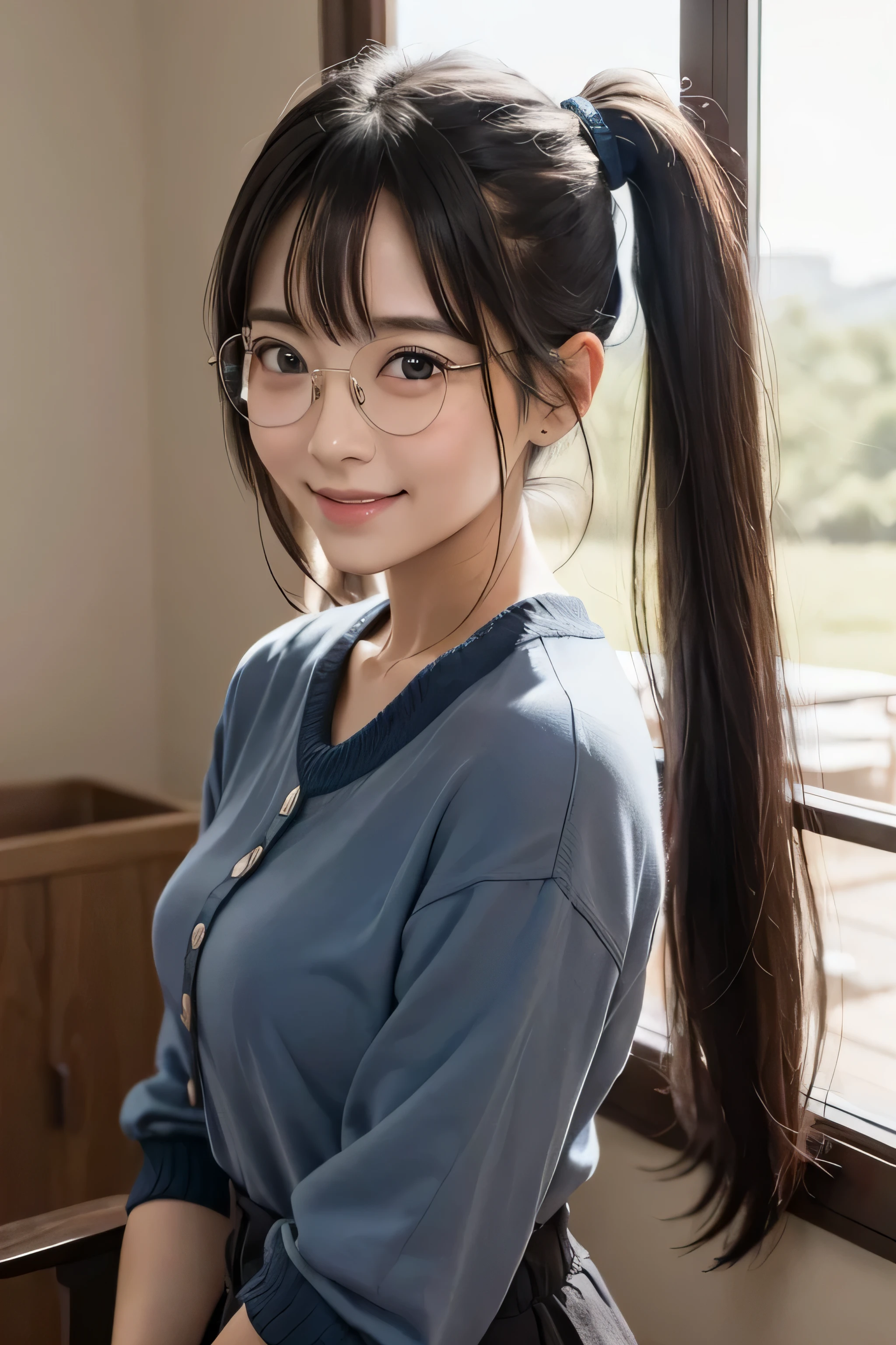 poneyTail、A smile、stare、Happy、Round glasses、Underwear