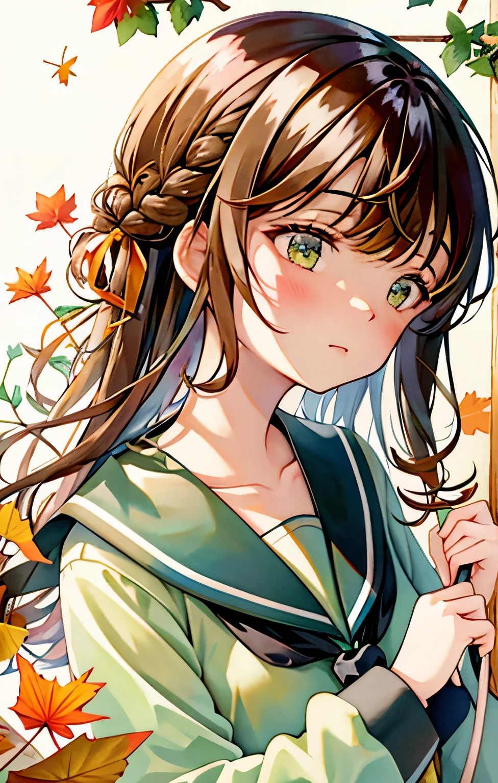 1girl, acorn, aki_shizuha, anger_vein, autumn, autumn_leaves, bangs, blush, braid, branch, brown_eyes, brown_hair, closed_mouth, daisy, dragonfly, eyebrows_visible_through_hair, falling_leaves, flower, ginkgo_leaf, green_eyes, grey_sailor_collar, hair_ornament, hair_ribbon, holding, holding_leaf, leaf, leaf_background, leaf_hair_ornament, leaf_on_head, leaf_print, lily_\(flower\), long_sleeves, looking_at_viewer, lying, maple_leaf, medium_hair, neckerchief, orange_flower, orange_theme, pink_hair, pinwheel, ribbon, sailor_collar, school_uniform, serafuku, shirt, solo, spider_lily, spoken_anger_vein, starfish, sweet_potato, traditional_media, upper_body, white_sailor_collar