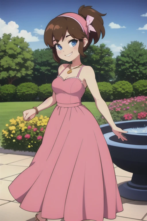 Best lighting, brown hair, medium hair, ponytail, pink Hairband, blue eyes, bare arms, pink maxi dress, little pink dress, golden necklace, pink slipper, smile, cowboy shot, standing, garden, water fountain, beautiful, best quality,