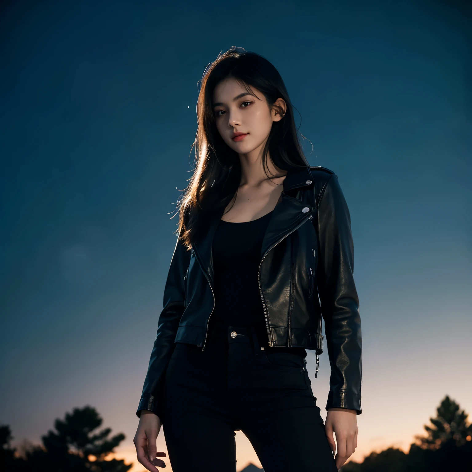 Girl 20 years old, slim, average breast size, long black hair, hair is loose, brown eyes, looking straight ahead, wearing a black leather jacket, black cloth jeans, dark forest, night forest,night sky,looks into the frame, shot from below at a 40-degree angle, little smile