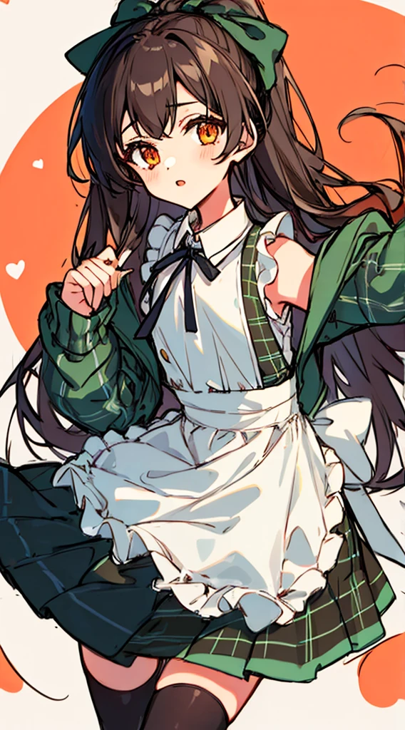 highres Hori Kyouko, 1 girl, black skirt, cardigan, black tights, brown hair, pinafore dress, collared dress, one-piece dress, striped cardigan, hime hair, long hair, long sleeves, looking at viewer, orange eyes, princess dress, skirt, solo, Thigh high stockings, plaid dress, apron style dress, flat chest, cute erotica, Hori Kyouko, a girl with brown hair, wears a black skirt and black stockings. She wears a one-piece dress with a collar and long sleeves, and her hair is styled in the hime style, typical of a princess. With orange eyes fixed on the viewer, her plaid dress and thigh-high stockings complement her cute and erotic appearance masterpiece, best quality, highres, absurdres, ((Composition seen up close))、Top image quality、Top resolution、masterpiece