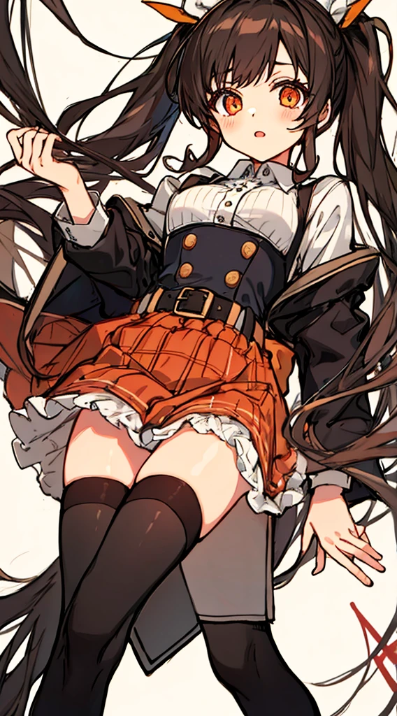 highres Hori Kyouko, 1 girl, black skirt, cardigan, black tights, brown hair, pinafore dress, collared dress, one-piece dress, striped cardigan, hime hair, long hair, long sleeves, looking at viewer, orange eyes, princess dress, skirt, solo, Thigh high stockings, plaid dress, apron style dress, flat chest, cute erotica, Hori Kyouko, a girl with brown hair, wears a black skirt and black stockings. She wears a one-piece dress with a collar and long sleeves, and her hair is styled in the hime style, typical of a princess. With orange eyes fixed on the viewer, her plaid dress and thigh-high stockings complement her cute and erotic appearance masterpiece, best quality, highres, absurdres, ((Composition seen up close))、Top image quality、Top resolution、masterpiece