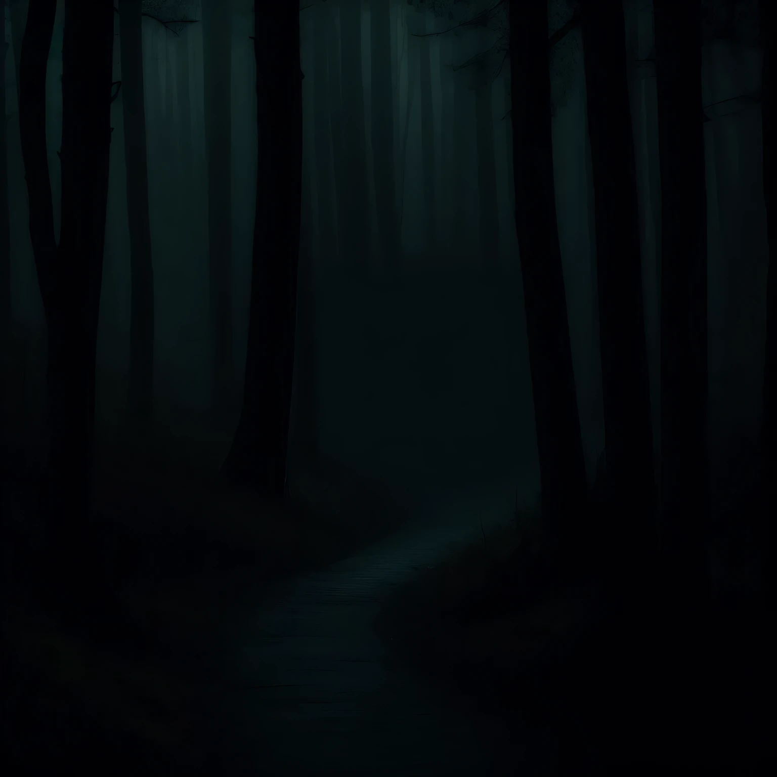 Design a dark, murky forest with a hidden figure or silhouette peering out from behind the trees, evoking a sense of mystery and anticipation. Mystic, dark, green smoked murky swamp, where a an ominous figure is lurking behind it with glowing eyes and long dainty sharp long fingers, with long think messy hair looking like a vendigo.