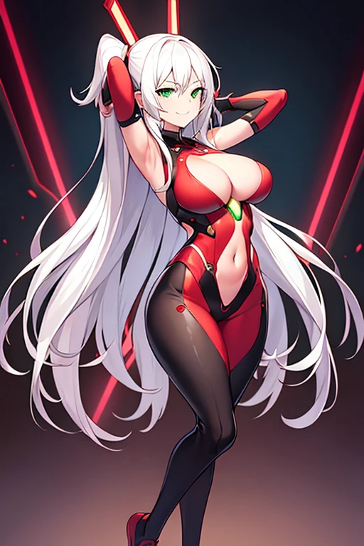 1girl, white hair, long hair, large breasts, breasts, wide hips, green eyes, smile, smirk, smug, bodysuit, red bodysuit, red clothes, black trim, sleeveless, futuristic, tech, science-fiction, green neon trim, neon trim, neon, full body, ((full body)), arms up, hands up, arms behind back, hands behind back
