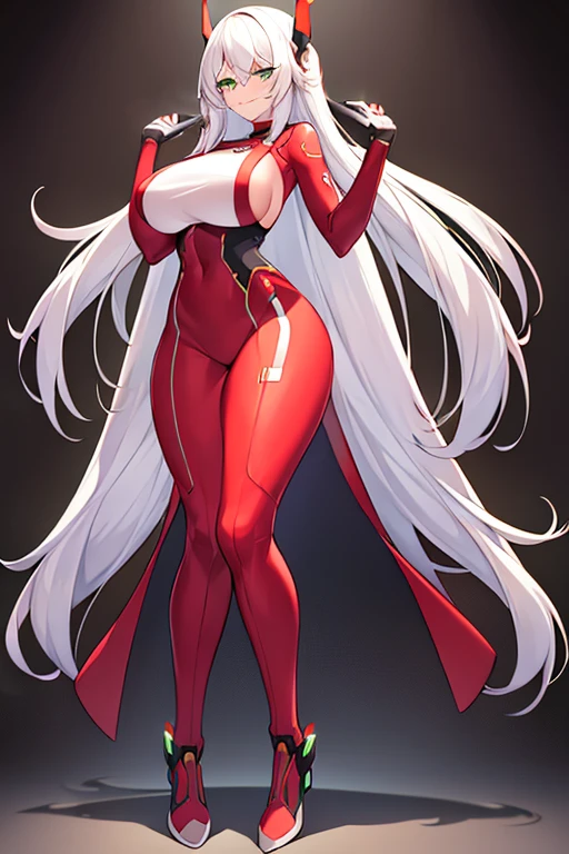 1girl, white hair, long hair, large breasts, breasts, wide hips, green eyes, smile, smirk, smug, bodysuit, red bodysuit, red clothes, black trim, sleeveless, futuristic, tech, science-fiction, green neon trim, neon trim, neon, full body, ((full body)), arms up, hands up, arms behind back, hands behind back