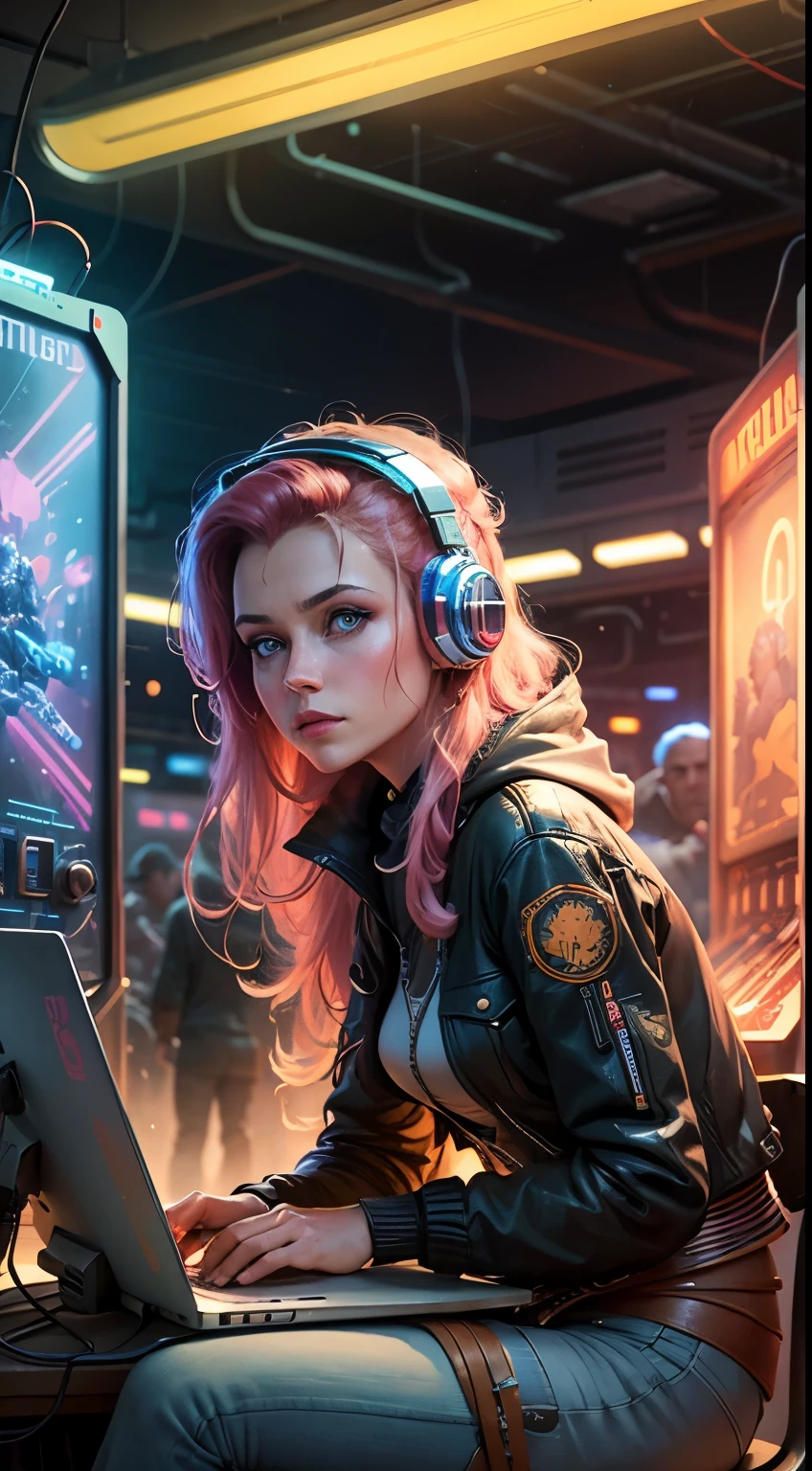 A retrofuturism scene of an arcade wired mess on macbook, mechanical delay, wiring components, ultrago austin metal wiring, iris van Buren, Karol Bak, Kiichi Obituary by Beksinski, david falls fanart gadget machine