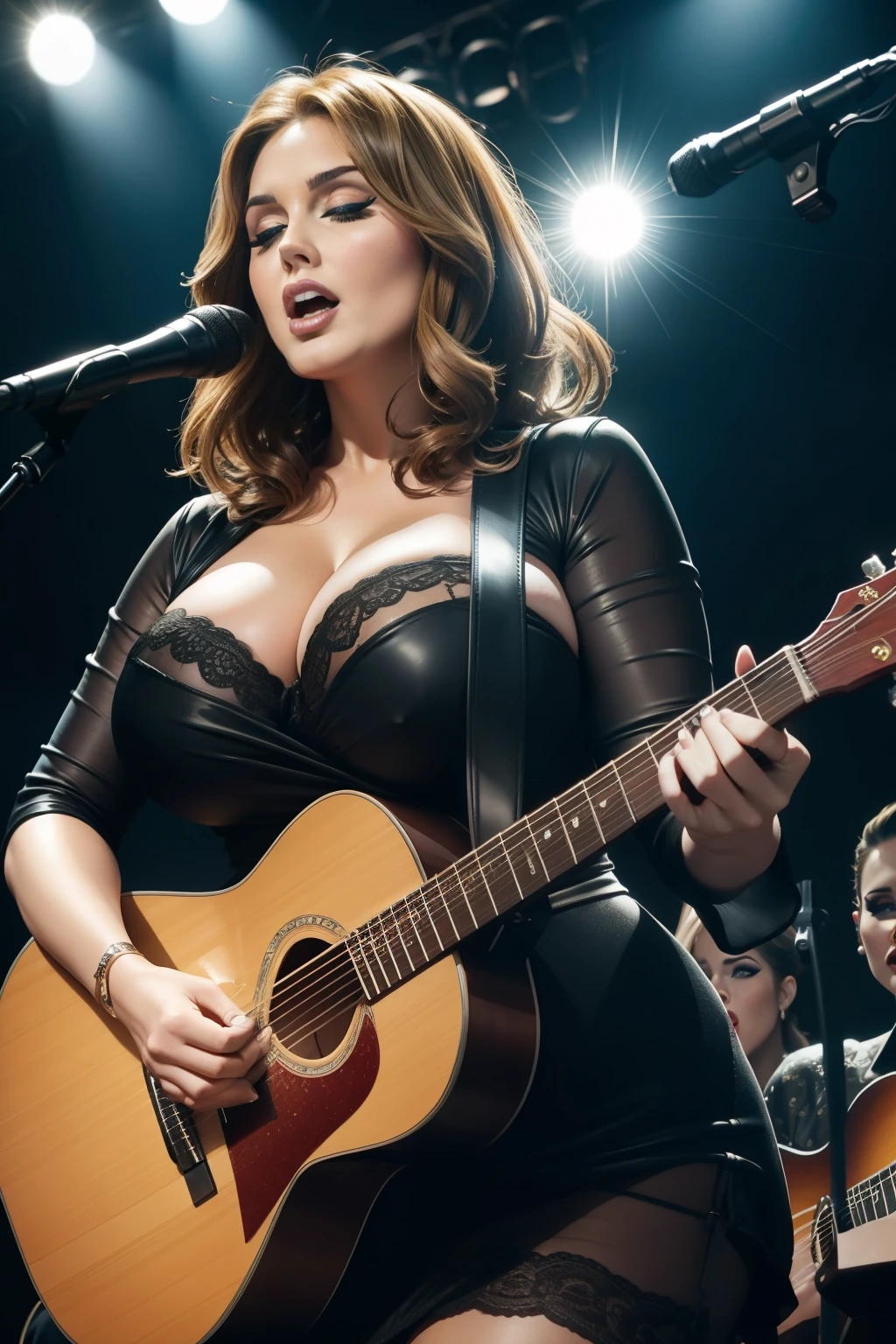 Lucy Pinder, Voluptuous Woman, ((Very intense makeup)), (Adele), (Dina Meyer), beautiful dress, mouth wide open, eyes closed, playing guitar, singing