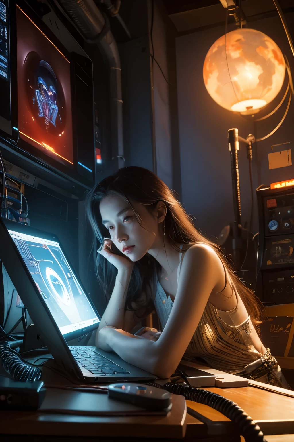 A retrofuturism scene of an arcade wired mess on macbook, mechanical delay, wiring components, ultrago austin metal wiring, iris van Buren, Karol Bak, Kiichi Obituary by Beksinski, david falls fanart gadget machine