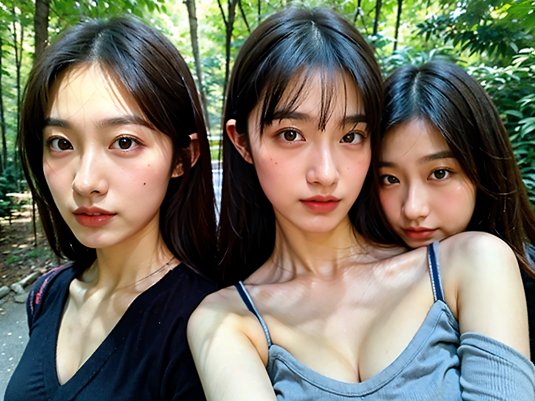 (Identical twin sisters:1.5), (((no-makeup, (Beautiful breasts), (Details of a very beautiful face), (Best Quality:1.4), 8K resolution, High resolution, (Photorealsiticです, High resolution:1.4), Unripe(Realistic, Photorealsitic:1.37), lesbian、bared  chest, breast press, Sexy Art, Gloss on lips, Long hair, Parted lips, Staring at me, Nose, Realistic, dense woods,