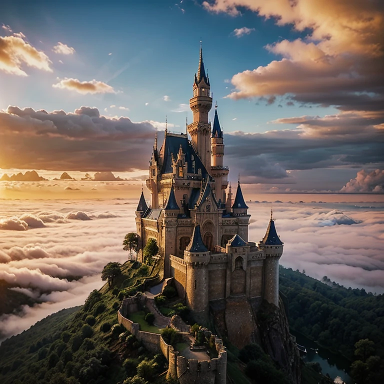 A beautiful castle in the clouds during sunset