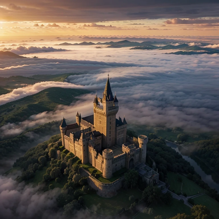A beautiful castle in the clouds during sunset