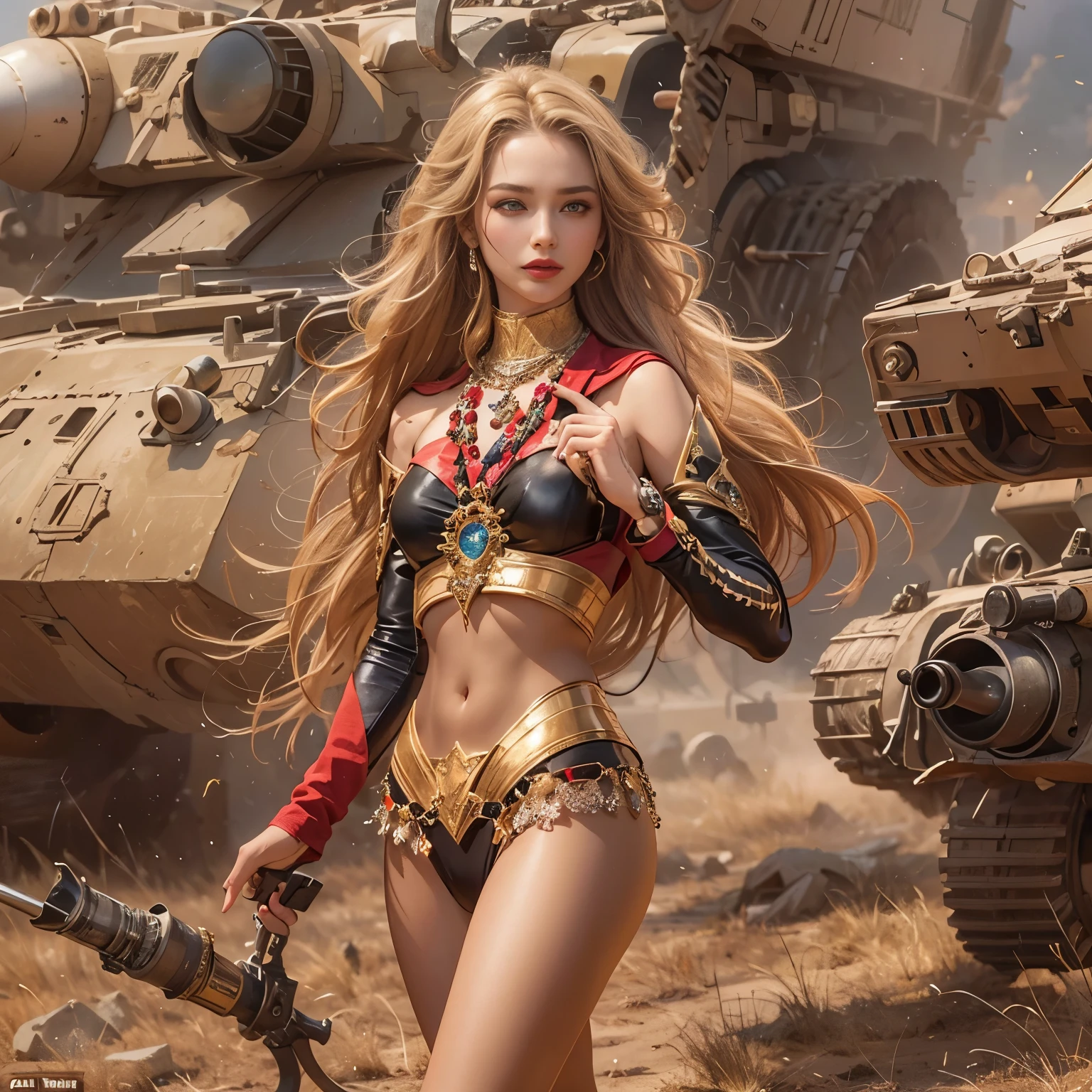 Empty, Dry desert under the scorching sun,Destroyed tank parts everywhere, Artillery and various weapons,She wore a short red slip dress,Reflective skin(Sweat soaks clothes:1.9)She fled to avoid pursuit, (Behind her, A large group of heavily armed alien soldiers are chasing her,(Front perspective composition),Clothes and skin are soaked all over,(wetclothes:1.8),Reflective skin,Sweaty skin、tmasterpiece、Hyper-Resolution、Half-body mirror,