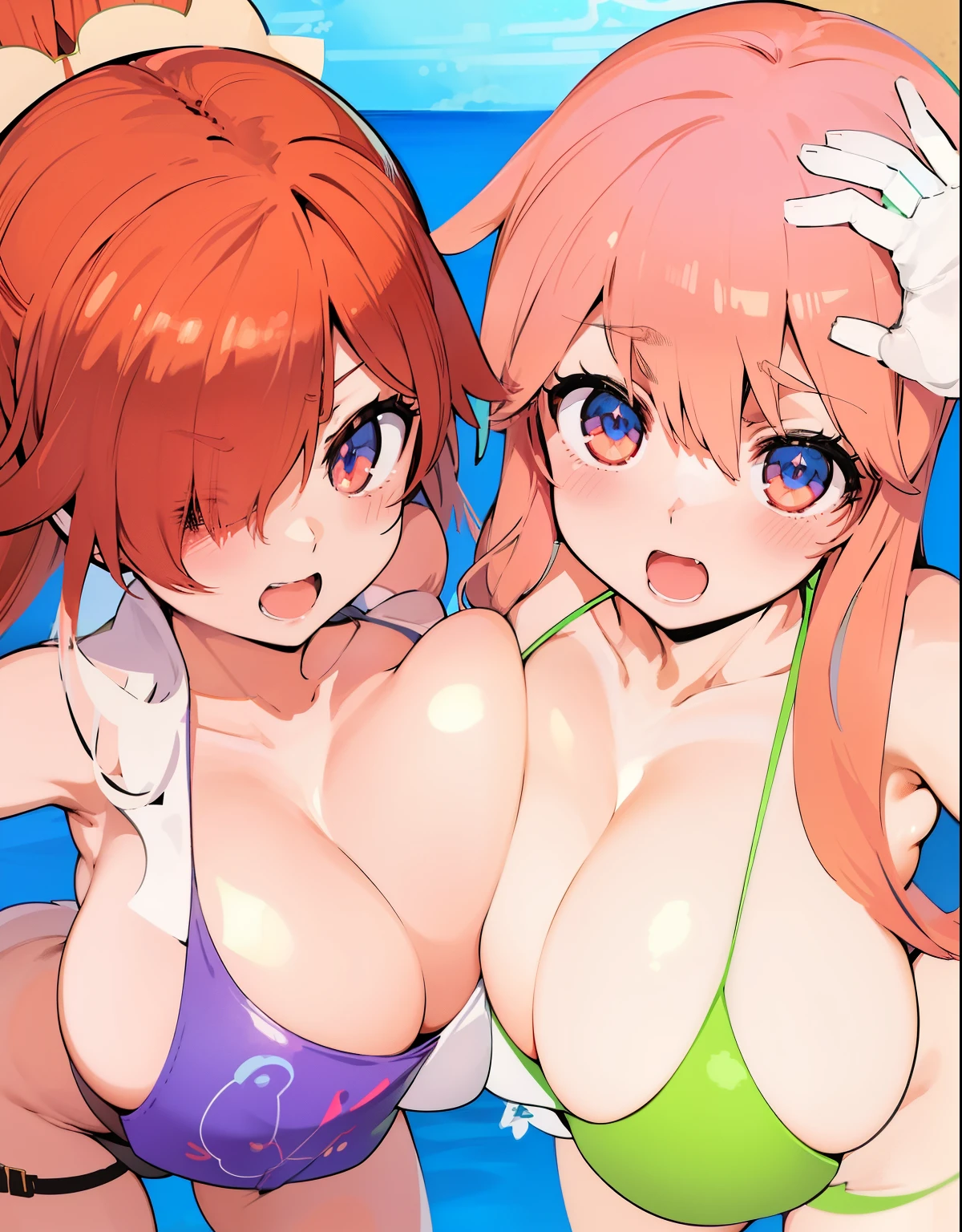 Anime Girls in bikinis on the beach with sun in the background, oppai, is wearing a swim wears着る, swim wears着る, pixiv 3dcg, cushart, Ecchi, Anime Girls, cushart kenz, Ecchi anime style, beaching, two beautiful Anime Girls, in beach, at pixiv, in beach, swim wears, oppai proportions
