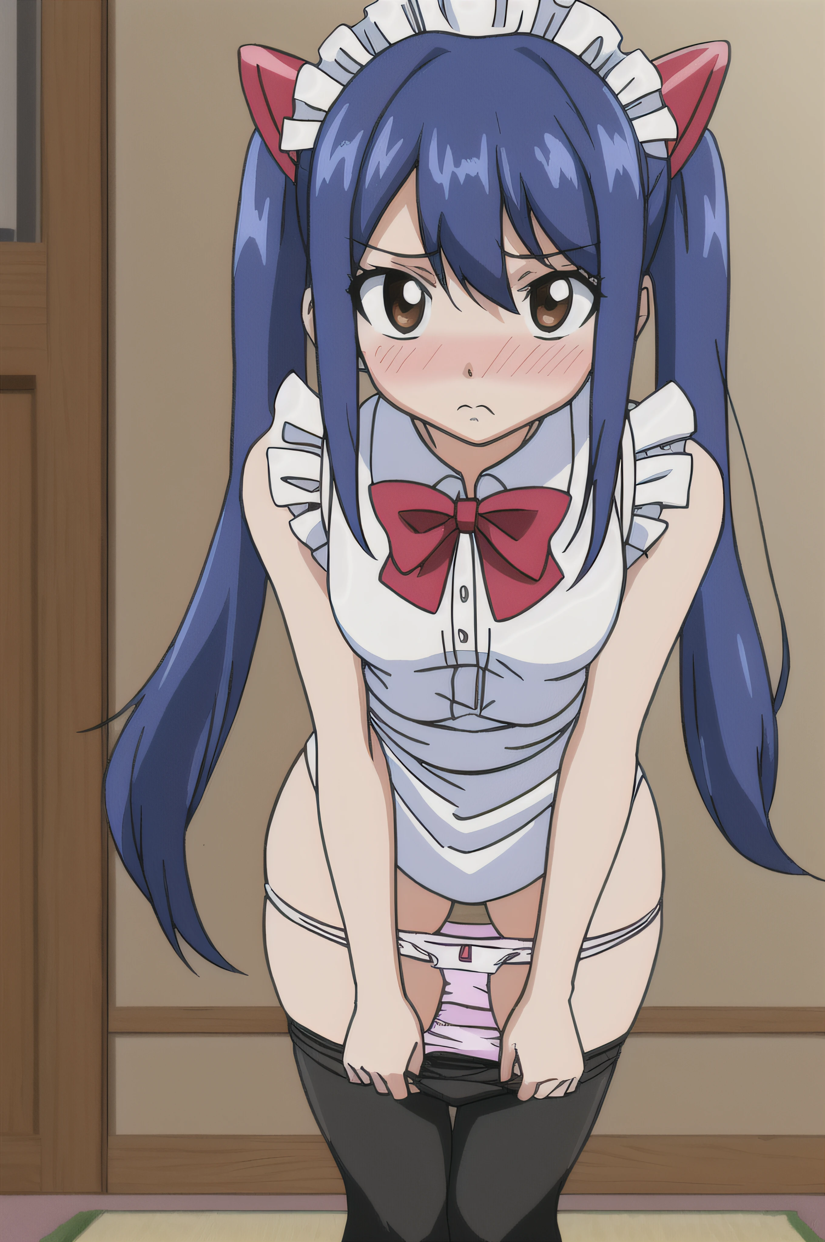 (((wendy))), fairy tail, anime art style, 1girl, solo, small_breasts, dressed, long_hair, (((looking away))), shy, (taking off panties, face closeup, panty pull, bottomless), embarrassed, maid outfit, hair_ornament, blushing, hair_between_eyes, twintails, brown_eyes, ((dark_blue_hair)), parody, style_parody, anime_coloring, short female, petite female, thick thighs, loli, maid headwear, thick thighs, thigh highs, bowtie on panties, bending over,  facing viewer, standing, (pov)