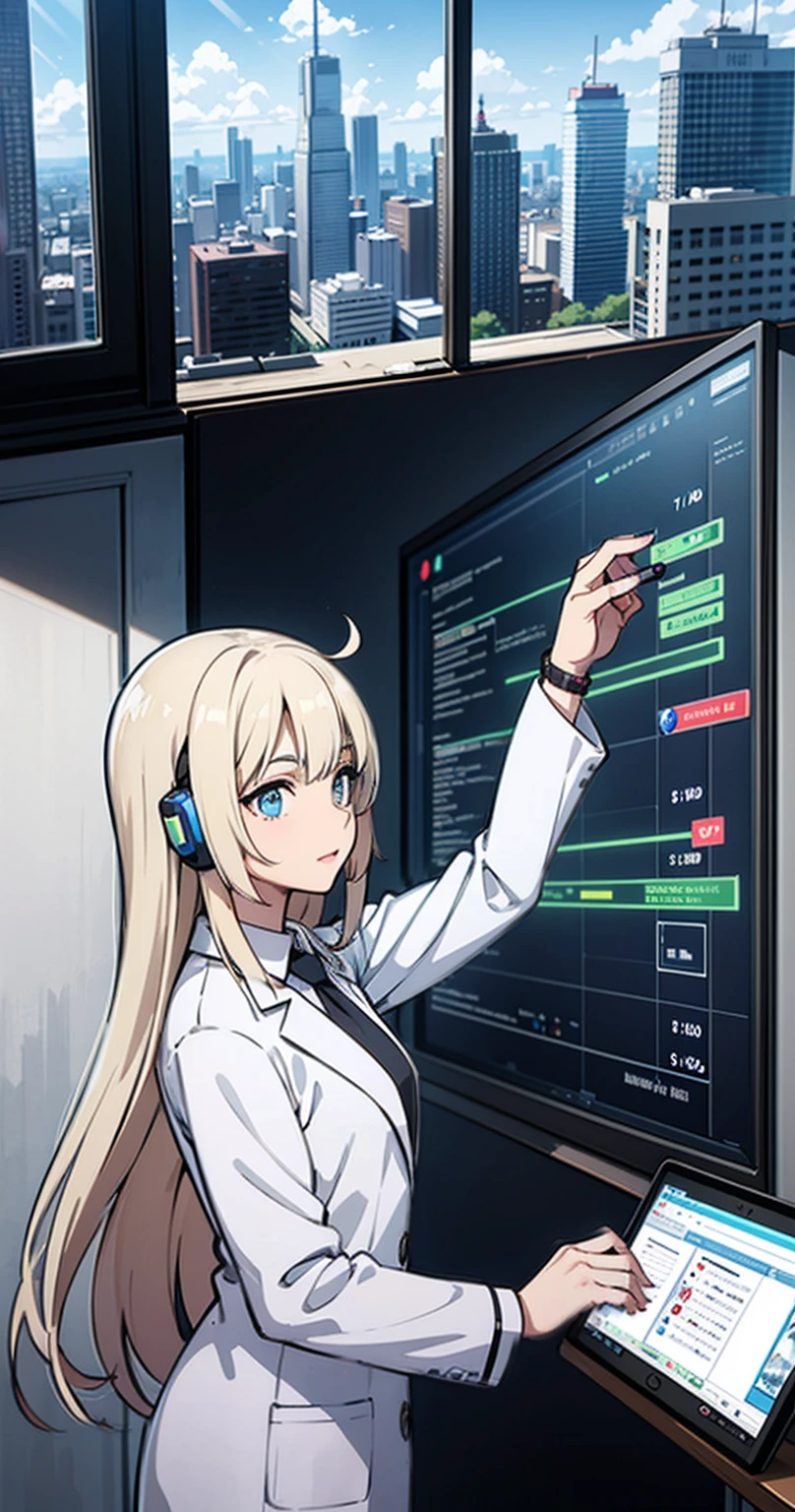 A robot teacher with robotic arms and bionic eyes, Wearing a white lab coat and holding a holographic tablet, Stand in front of an interactive digital whiteboard, He demonstrated complex graphs and formulas, While teaching a class of students using augmented reality headsets and smart bracelets, In modern ones, Bright classroom, Windows showing futuristic cityscape with skyscrapers and aircraft.