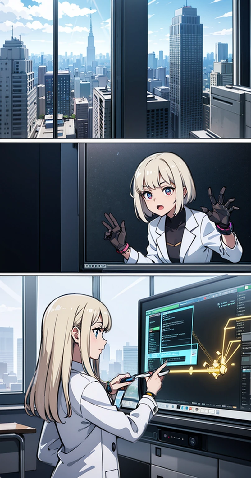 A robot teacher with robotic arms and bionic eyes, Wearing a white lab coat and holding a holographic tablet, Stand in front of an interactive digital whiteboard, He demonstrated complex graphs and formulas, While teaching a class of students using augmented reality headsets and smart bracelets, In modern ones, Bright classroom, Windows showing futuristic cityscape with skyscrapers and aircraft.