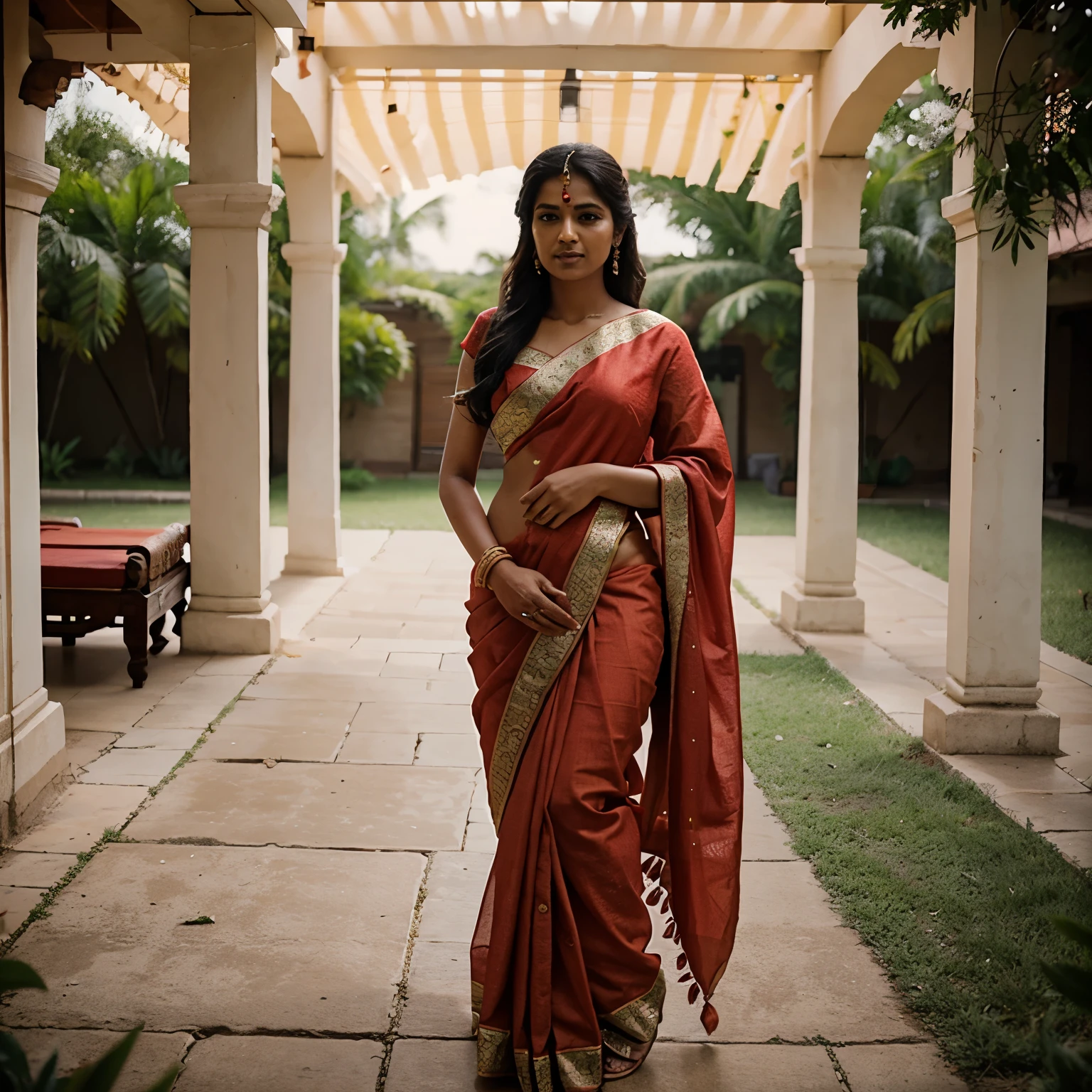 Indian woman in traditional wedding red sari. Humble,