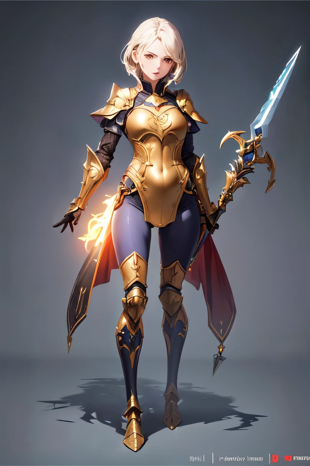 Develop a Showcase Layout Game Character, (1girl). Golden+Purle Clothing, Stylish & Unique, ((Showcase of weapons:1.4)), The Magic Staff, (Masterpiece:1.2), (Best Quality), 4k, Ultra-detailed, (Step by step design, layout:1.5), (Glowing Lighting, Ambiance Lighting), Стиль Final Fantasy, mage, ((glove full handran, see, , vambraces, Armoured legs, (((full_body_shot:1.4))), niji
