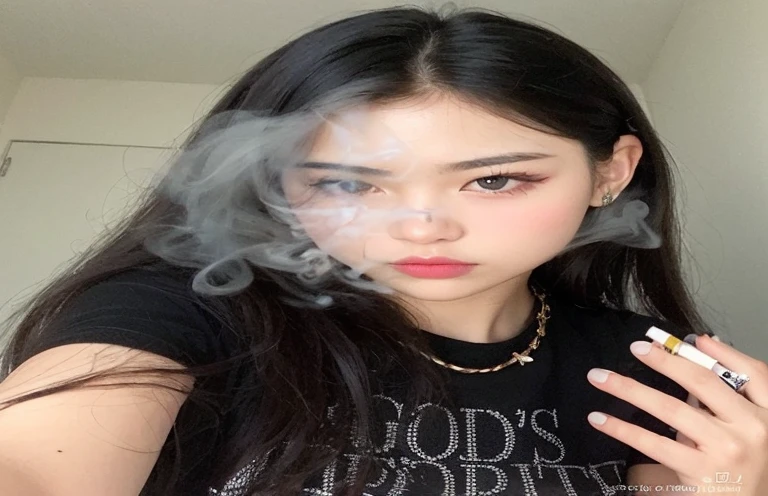 there is a woman smoking a cigarro in a room, Ulzzang, maquiagem sul-coreana popular, jennie blackpink, cruel korean goth girl, maquiagem coreana popular, menina coreana, with smoke, Jinyoung Canela, goth girl aesthetic, e-menina, E - Menina, 19-year-old girl, clear lips and high quality, mild smoke, cigarro