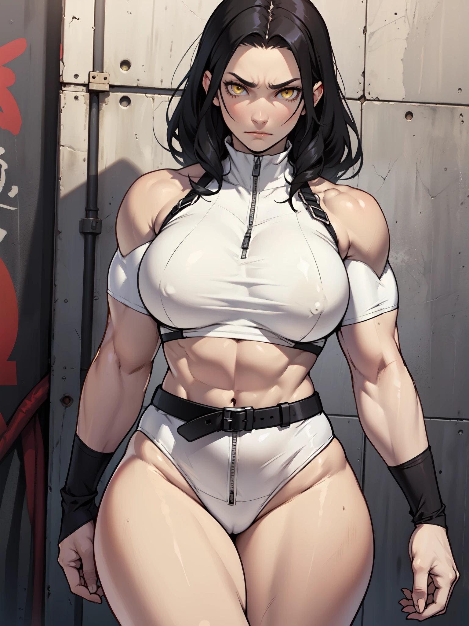muscular girl thin waist large breasts thick pale skin black hair yellow eyes muscular girl thin waist huge breasts thick muscular girl thin waist thick sad expressionless