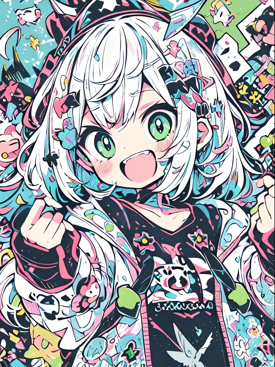 Anime-style with an emphasis on bold line work and limited color palette BREAK An exuberant, straight-on angle capturing the character's cheerful expression and raised hands BREAK A character with white hair and green highlights, large expressive eyes, wearing a suspender dress over a long-sleeve shirt, and hair clips BREAK A playful and cluttered background filled with various green-toned shapes, symbols, and doodles that evoke a youthful and energetic vibe.