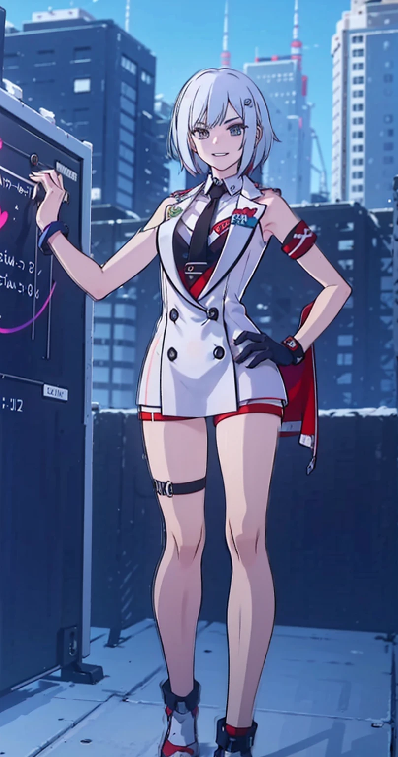 A robot teacher with robotic arms and bionic eyes, Wearing a white lab coat and holding a holographic tablet, Stand in front of an interactive digital whiteboard, He demonstrated complex graphs and formulas, While teaching a class of students using augmented reality headsets and smart bracelets, In modern ones, Bright classroom, Windows showing futuristic cityscape with skyscrapers and aircraft.