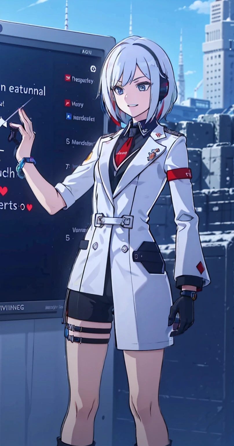 A robot teacher with robotic arms and bionic eyes, Wearing a white lab coat and holding a holographic tablet, Stand in front of an interactive digital whiteboard, He demonstrated complex graphs and formulas, While teaching a class of students using augmented reality headsets and smart bracelets, In modern ones, Bright classroom, Windows showing futuristic cityscape with skyscrapers and aircraft.