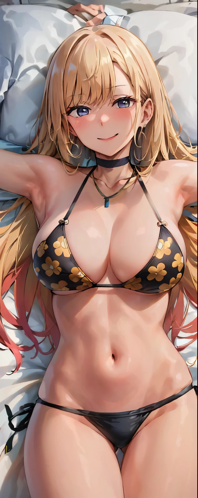 (((masterpiece))), MarinKitagawa, 1girl, solo, long hair, smile, close mouth, blonde hair, navel, cleavage, jewelry, medium breasts, swimsuit, looking at viewer, bikini, cowboy shot, earrings, choker, indoors, necklace, v, black bikini, side-tie bikini bottom, black choker, piercing, floral print, ear piercing, string bikini, facing viewer, print bikini, armpits, arms up, lying on white sheet, lying on back