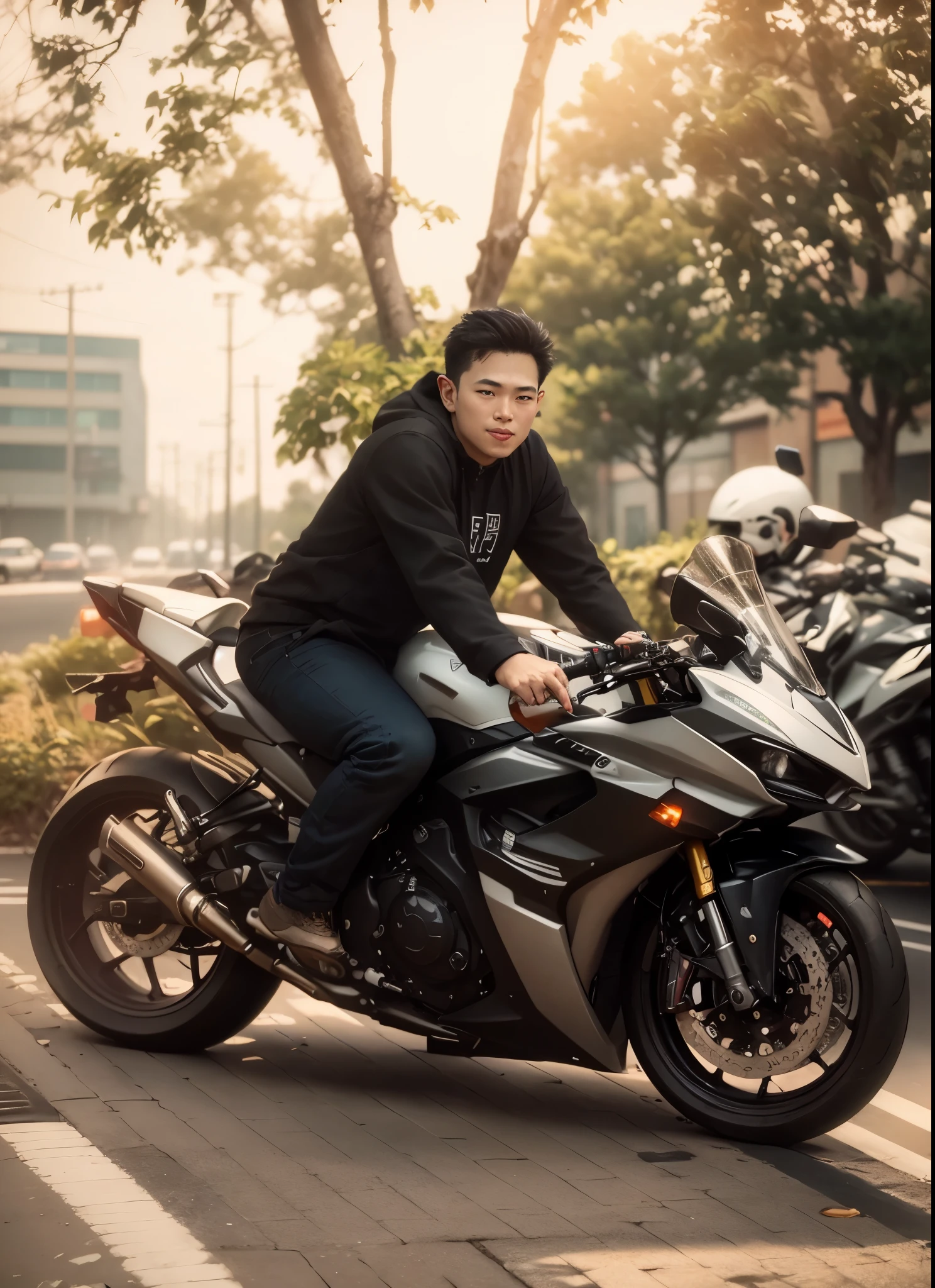 there is a korea boy, detail face, realistis face, that is sitting on a motorcycle on the street, motorbiker, biker, shot on canon eos r 5, shot on canon eos r5, riding a motorbike, taken with sony alpha 9, taken with canon 8 0 d, taken with sony a7r camera, sitting on a motorcycle, full protrait, riding a motorcycle