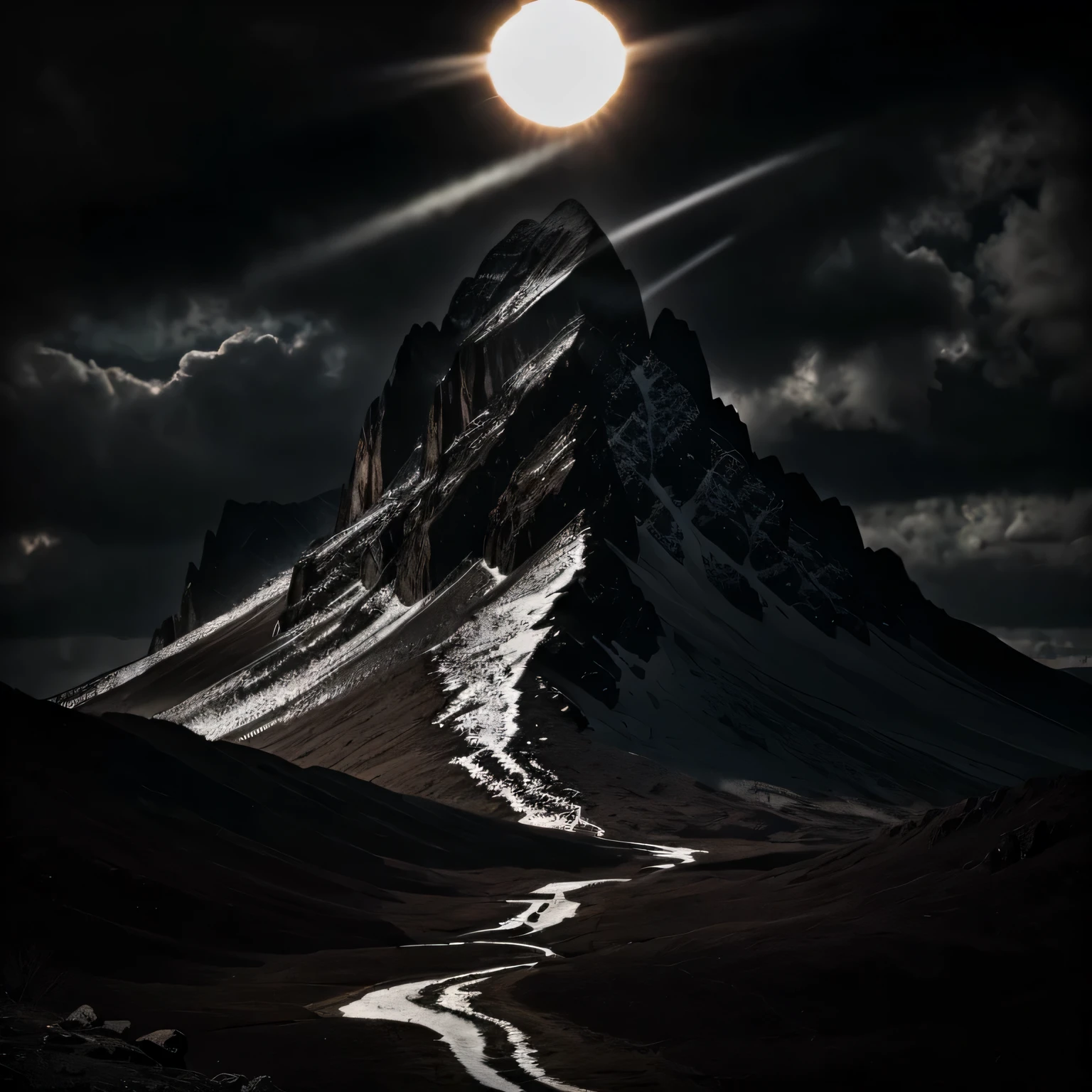 bare mountain, realistic, high quality, sharpness, dark atmosphere, gothic, hysterical, shining sun light,
