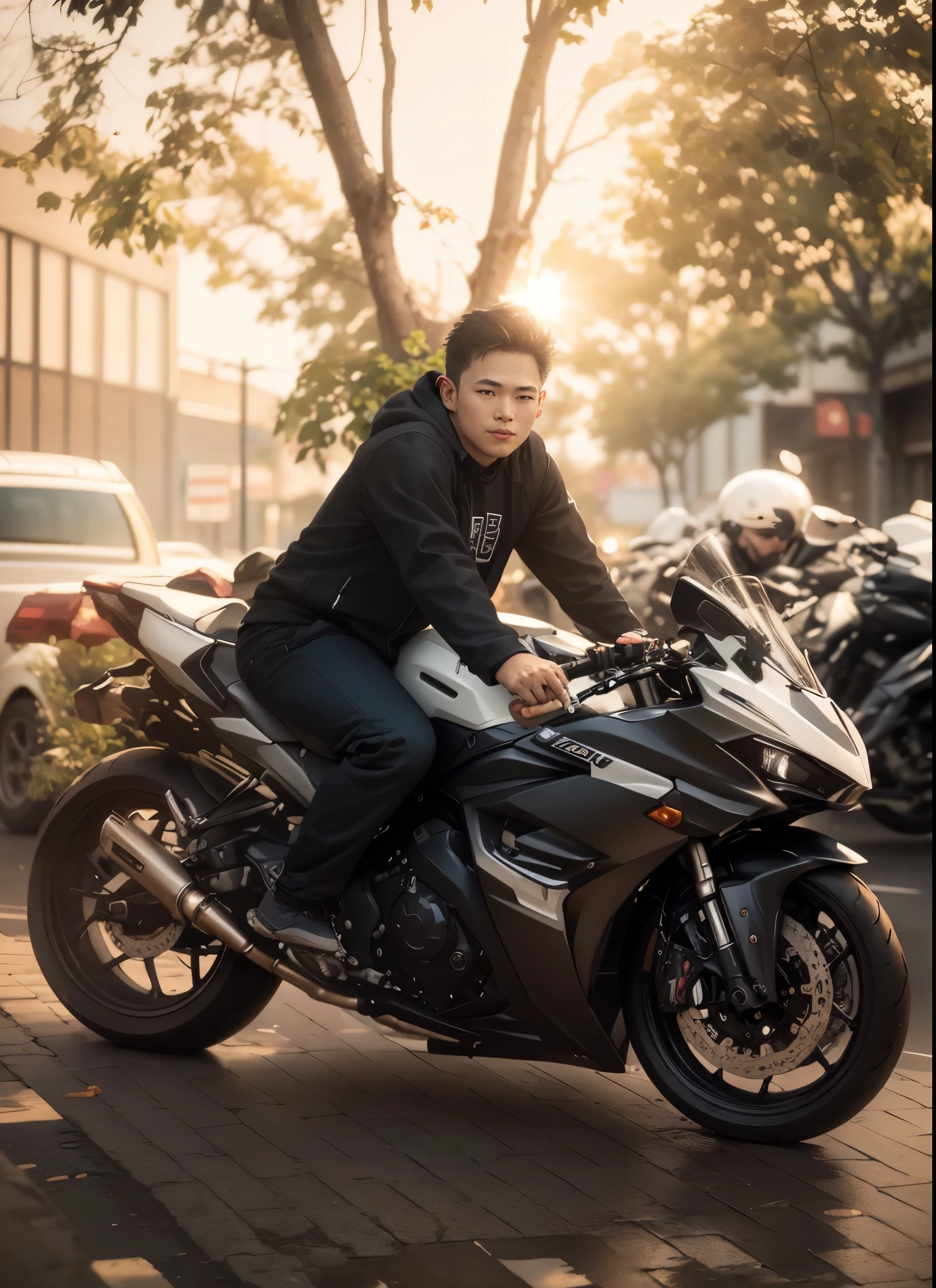 there is a korea boy, detail face, realistis face, that is sitting on a motorcycle on the street, motorbiker, biker, shot on canon eos r 5, shot on canon eos r5, riding a motorbike, taken with sony alpha 9, taken with canon 8 0 d, taken with sony a7r camera, sitting on a motorcycle, full protrait, riding a motorcycle