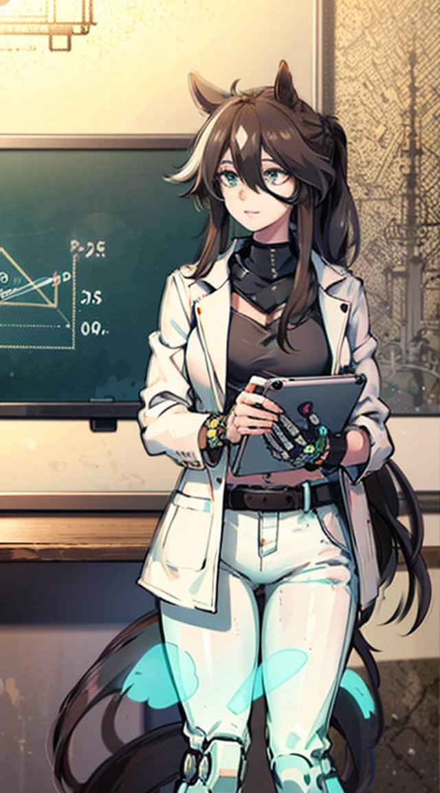 A robot teacher with robotic arms and bionic eyes, Wearing a white lab coat and holding a holographic tablet, Stand in front of an interactive digital whiteboard, He demonstrated complex graphs and formulas, While teaching a class of students using augmented reality headsets and smart bracelets, In modern ones, Bright classroom,  Windows showing futuristic cityscape with skyscrapers and aircraft.