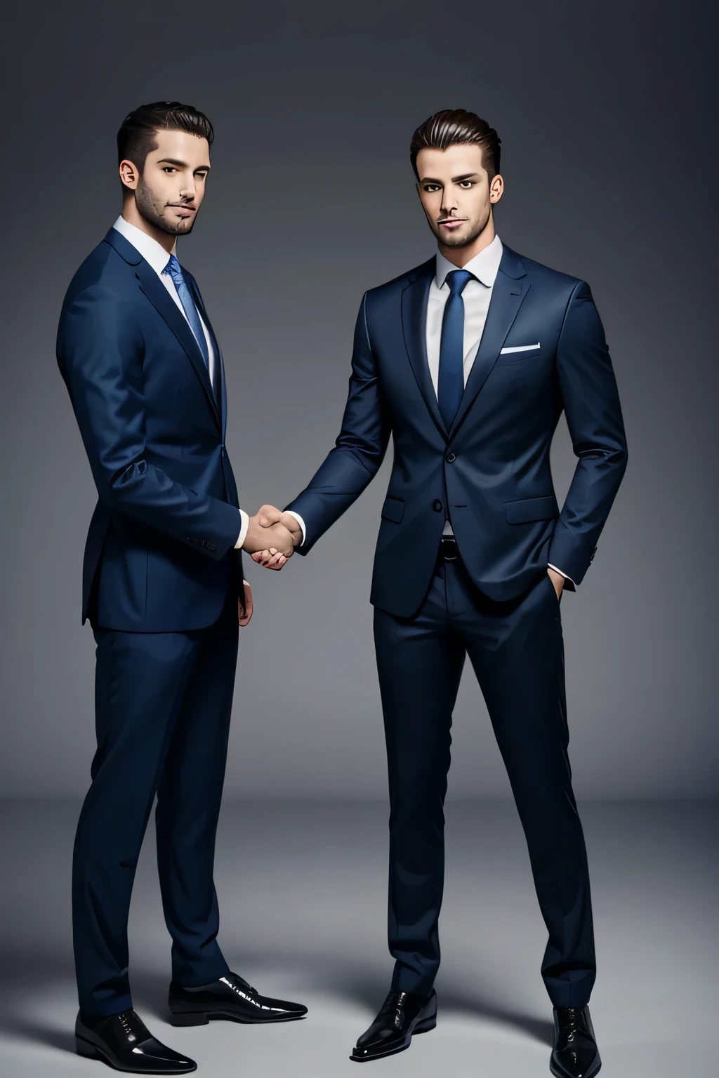 Two handsome men in slim fit suits are rubbing their crotch bulges against each other until all their trousers are wet with their sperm