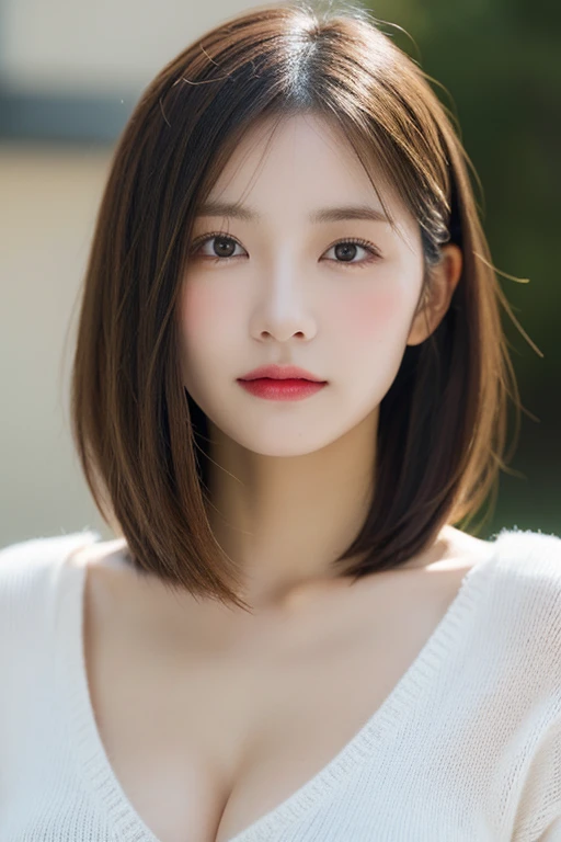 masutepiece, Photorealsitic, Best Quality, intricate and delicate, 8k wallpaper, top-quality, ​masterpiece, realisitic, ultra-detailliert, 1人の女性, 25 year old beautiful woman, (((Facing the front))), bilaterally symmetrical, (((Look at viewers))), Dynamic lighting, Volumetric lighting, extra detailed face, Shorthair, Sheer V-neck knit sweater, well-shaped bust, cleavage of the breast