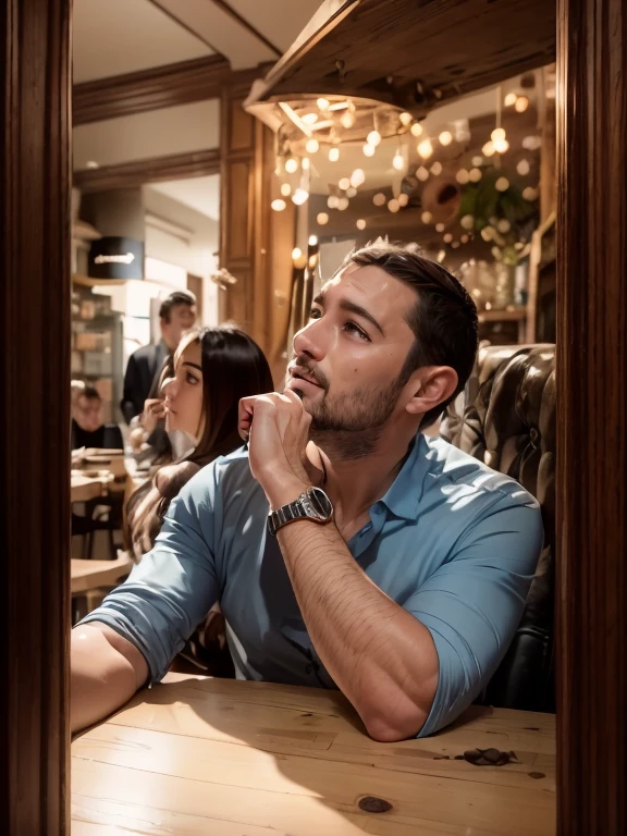 there is a man sitting at a table with a cup of coffee, looking to the side off camera, looking to his side, 8k 50mm iso 10, looking from side!, bokeh in the background only, handsome man, candid picture, thoughtful expression, low quality footage, looking to his left, sitting in a cafe, looking distracted and awkward, in the background there is a man playing a saxophone