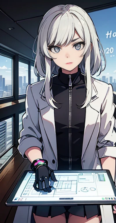 A robot teacher with robotic arms and bionic eyes, Wearing a white lab coat and holding a holographic tablet, Stand in front of an interactive digital whiteboard, He demonstrated complex graphs and formulas, While teaching a class of students using augmented reality headsets and smart bracelets, In modern ones, Bright classroom, Windows showing futuristic cityscape with skyscrapers and aircraft.