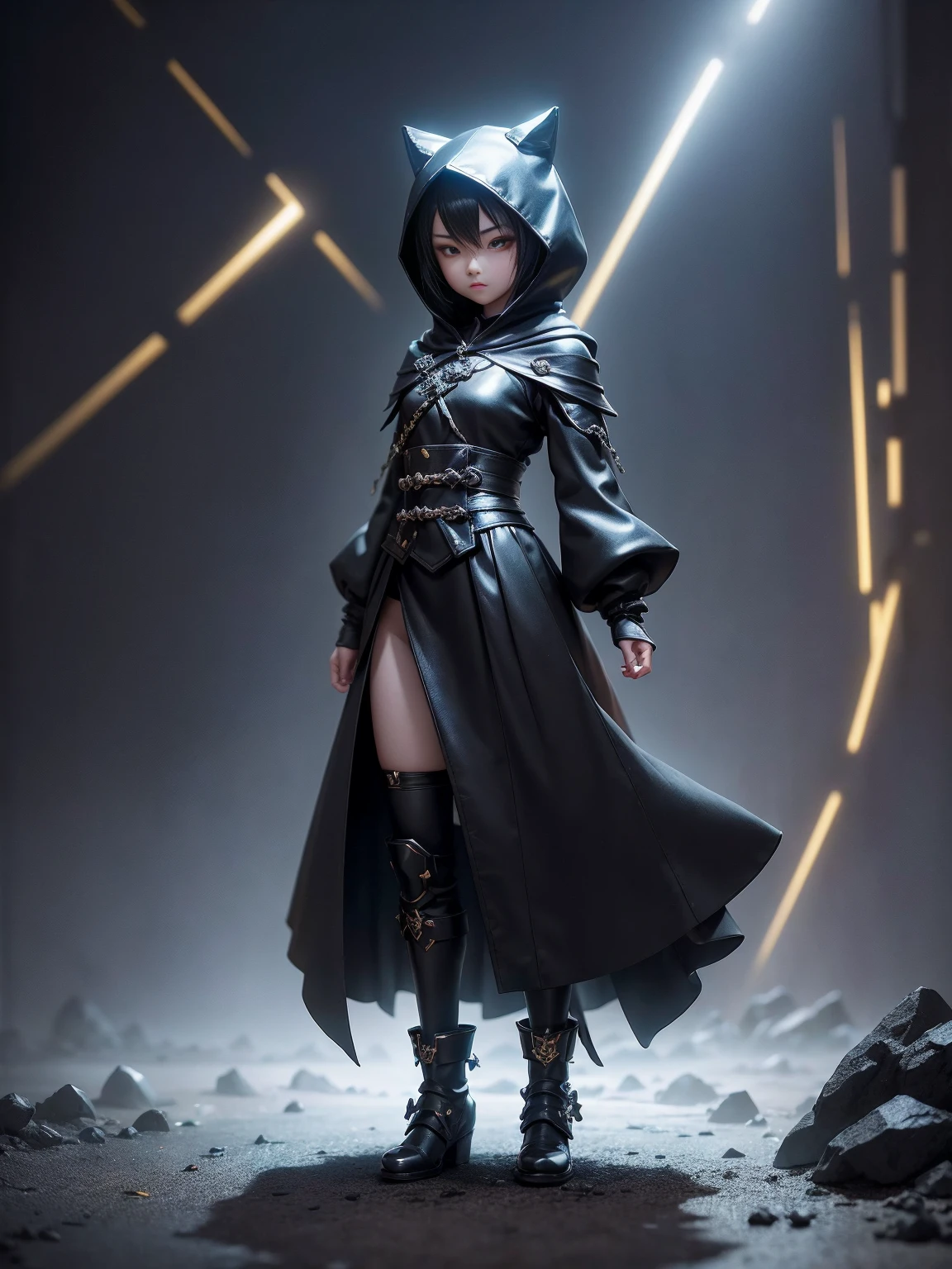 (Toy style blind box:1.2), (full-body-shot) , 1 metal cute magician ,metal battle cloak, Fight hood damage:1.2,  chinese style, Dreamy glow, dirty, black background, black gold style( Global Illumination, Ray Thrashing, HDR, Unreal impressions,Reasonable design, high-detail, masterpiece, bestquality, HyperHD, Cinematic lighting)