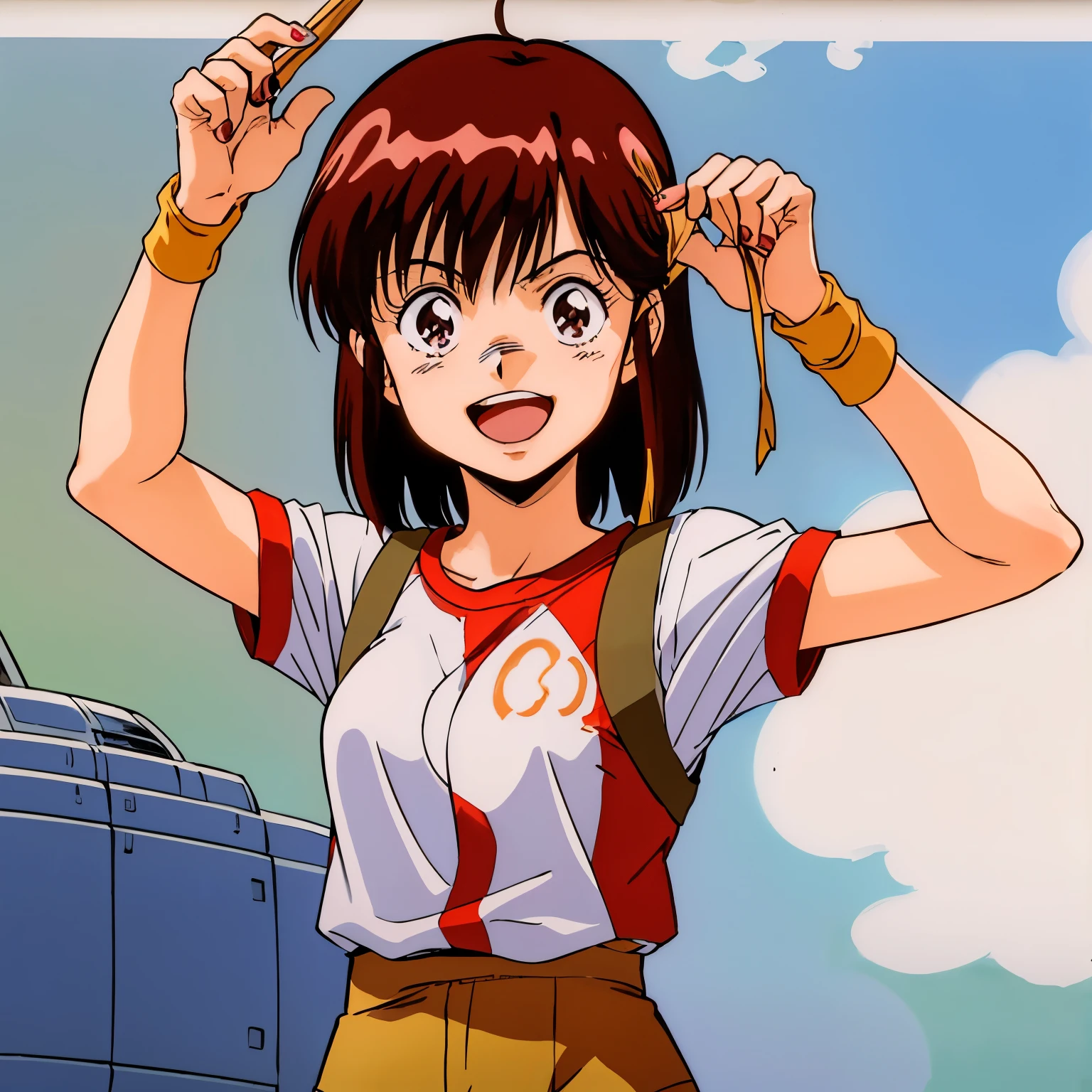 masutepiece,Best Quality,独奏で,
Looking at Viewer,Smile,Open mouth,
Noriko Takaya,1girl in,
Medium Hair,Brown hair,Brown eyes,
head band,
Short sleeves,Leotards under clothes,
wristbands,One pretty girl、独奏、Gainax Anime、